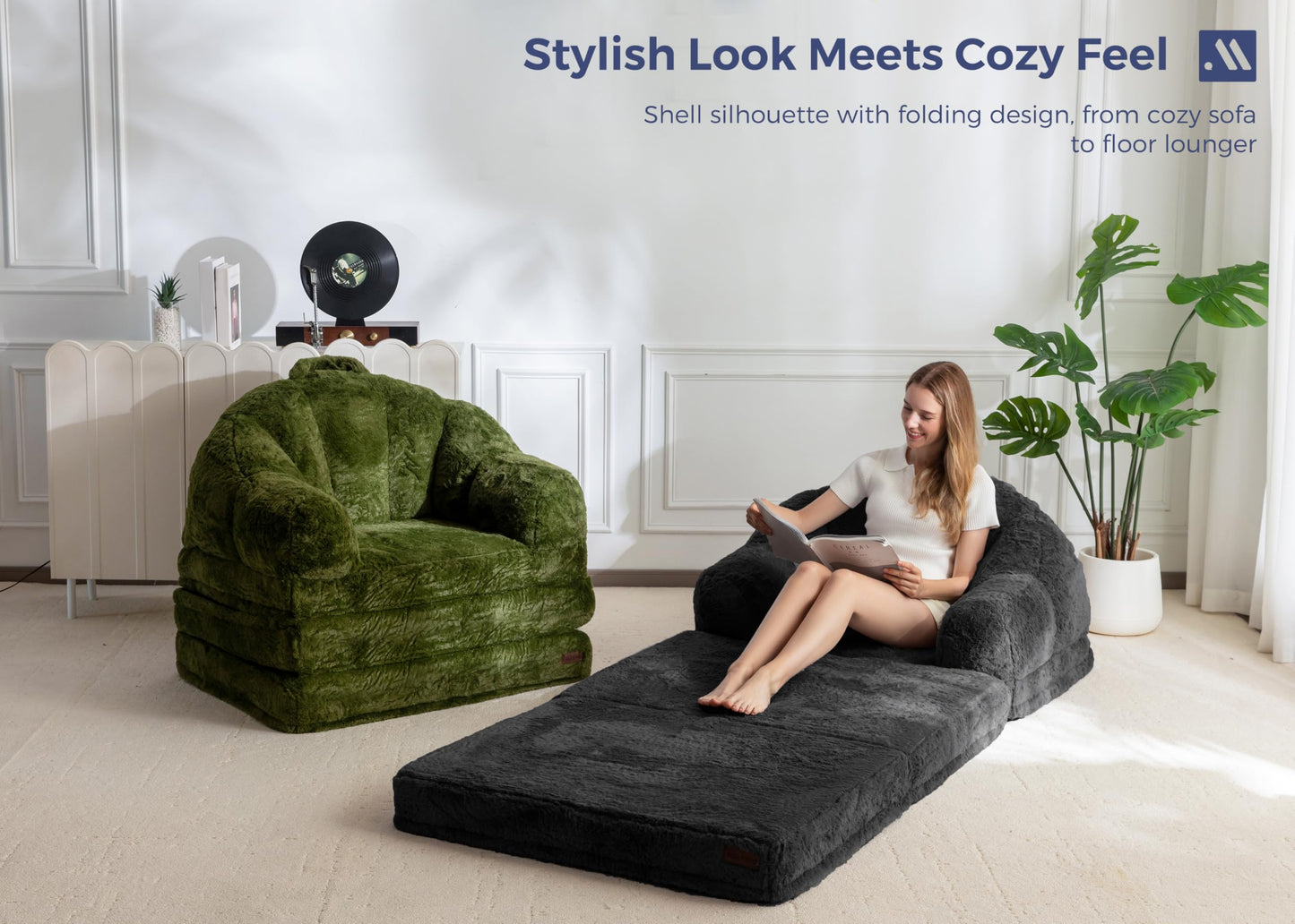 MAXYOYO Folding Sofa Bed, 2 in 1 Convertible Sofa to Lounger Comfy Single Bean Bag Chair for Adults, Floor Couch with Handle, Faux Fur Couch Bed for Living Room Bedroom, Black