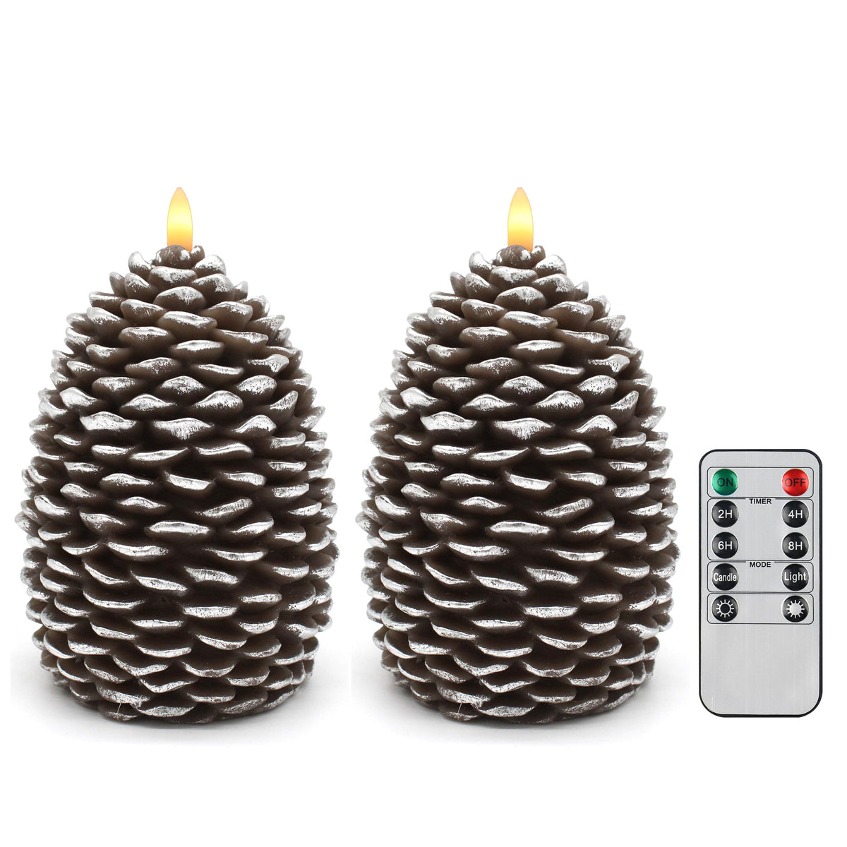 CVHOMEDECO. Pine Cone Candles Battery Operated Pinecones with Remote and Timer, Pine Cones Candle LED Flameless Flickering Candles for Fall, Christmas Decor. Silver-Brown, H 6.5 Inch, Pack of 2