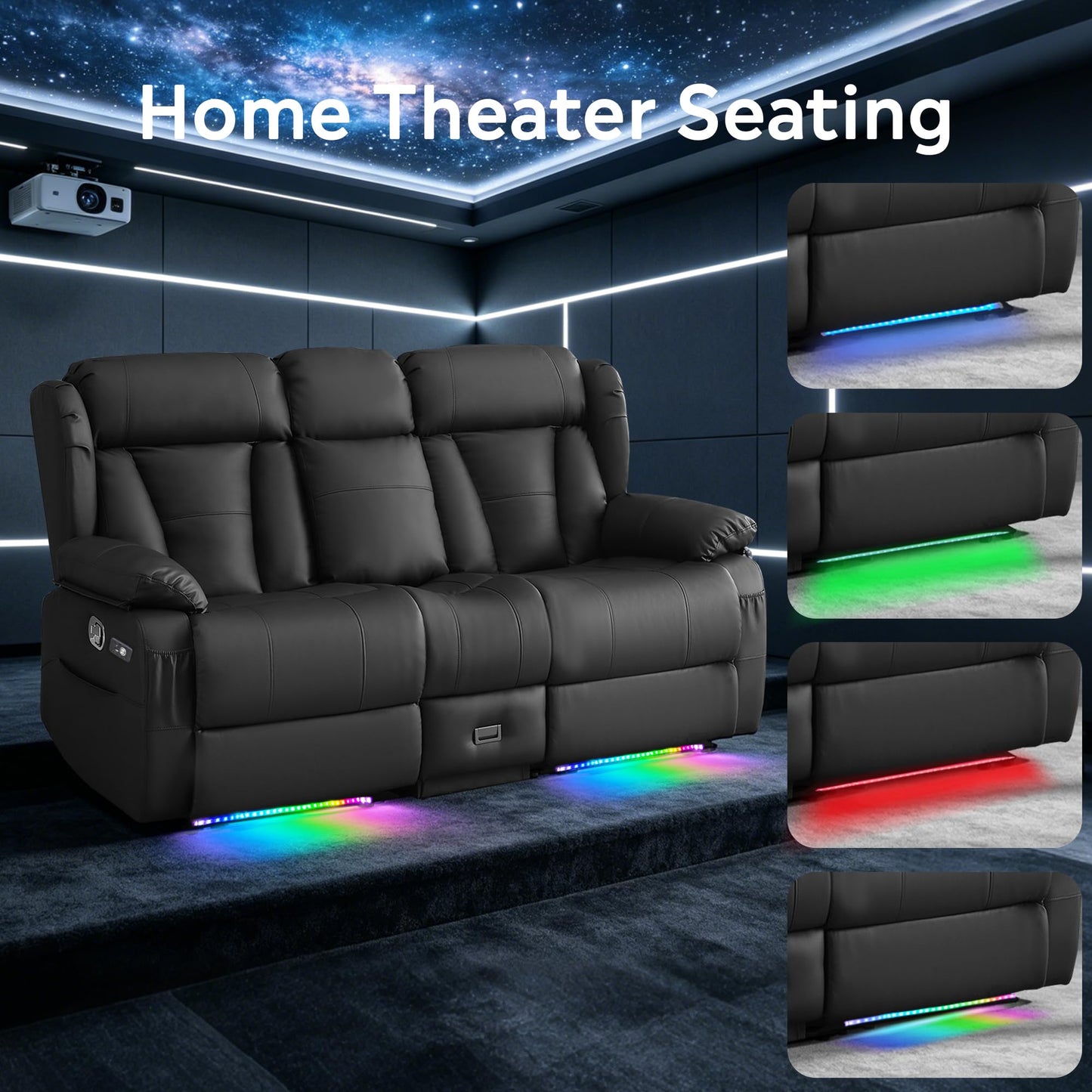 AHMED Loveseat Recliner Sofa with Console, Home Theater Seating with LED Lights, Cup Holders, USB Ports, Side Pockets, 2 Seater Manual Reclining Couch for Living Room, RV, Home Theater, Black