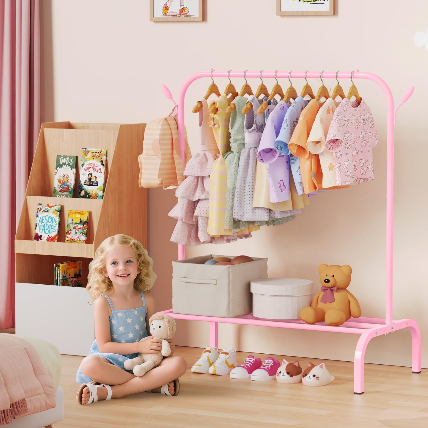 FLOUREE Kids Clothes Rack for Ages 3-6, Montessori Kids Clothing Rack with Bottom Shelf & Side Hooks, Toddler Wardrobe Rack for Bedroom, Playroom, Nursery and Small Room Storage, Pink