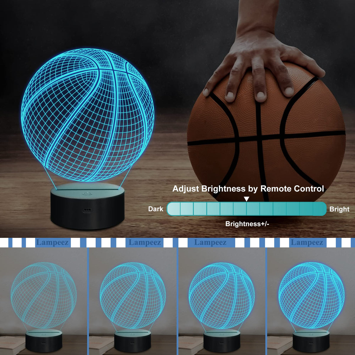 Lampeez Basketball Night Light Kids 3D Optical Illusion Lamp with 16 Colors Changing Remote Control Birthday Xmas Valentine Gifts Idea for Sport Fan Boys Girls