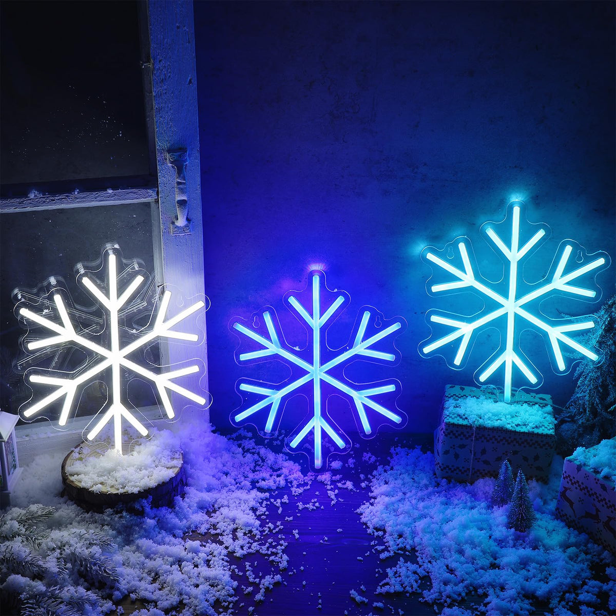 ROCEEI 3 Pcs Snowflake Neon Sign, Snowflake LED Lights Winter Neon Lights USB Window Wall Bar Living Room Decor for Winter Christmas Party Holiday Night Bedroom Gifts