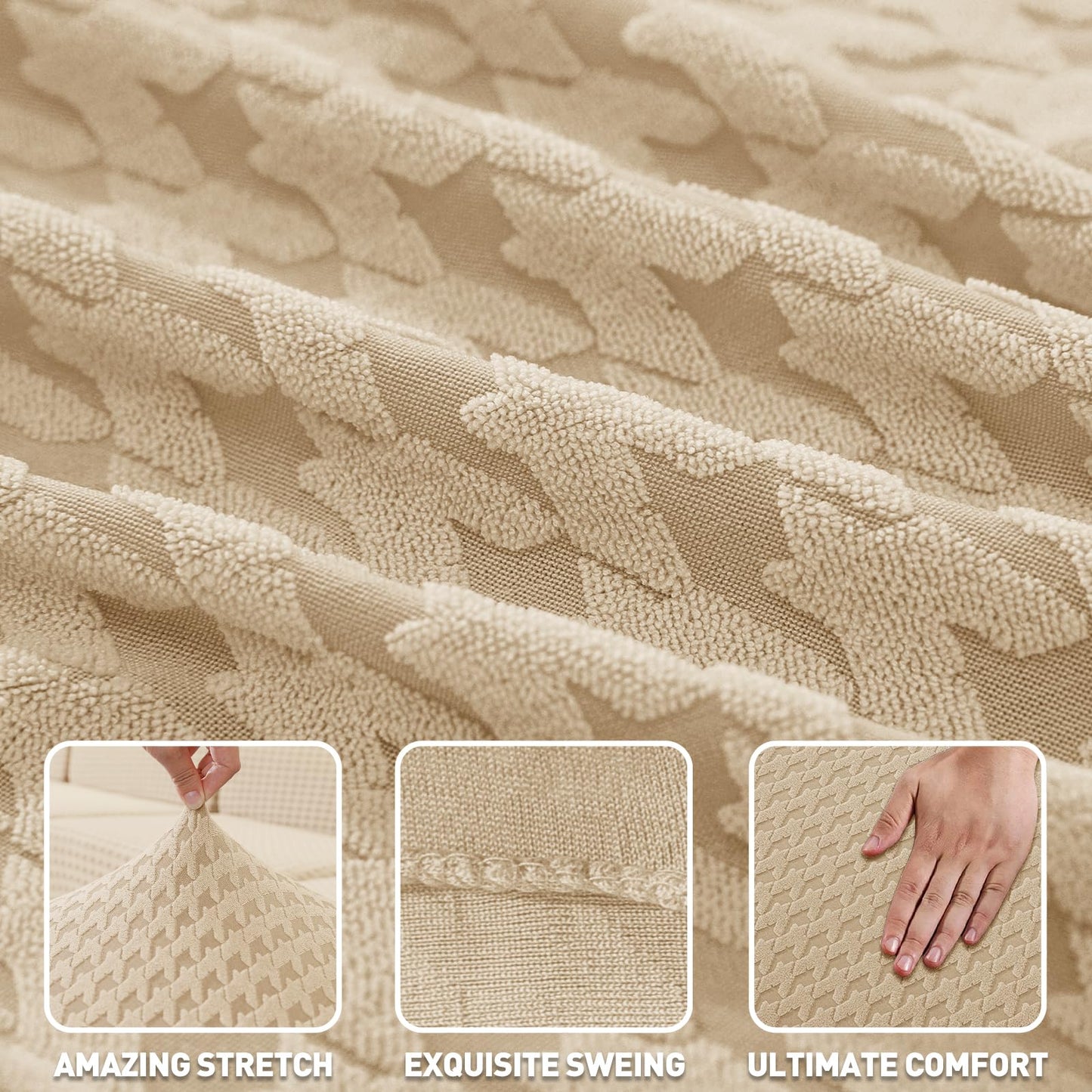 ZNSAYOTX Stretch Sectional Couch Covers New-Houndstooth Texture, Thick Slipcovers with Elastic Bottom for L Shape Sectional Sofa, 2 Pcs Pet Friendly Universal Protector (Chaise or Sofa), Khaki