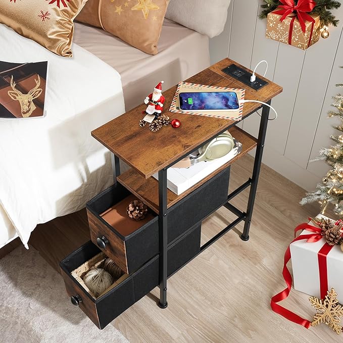 HOOBRO End Table with Charging Station, Narrow Side Table with 2 Fabric Drawers