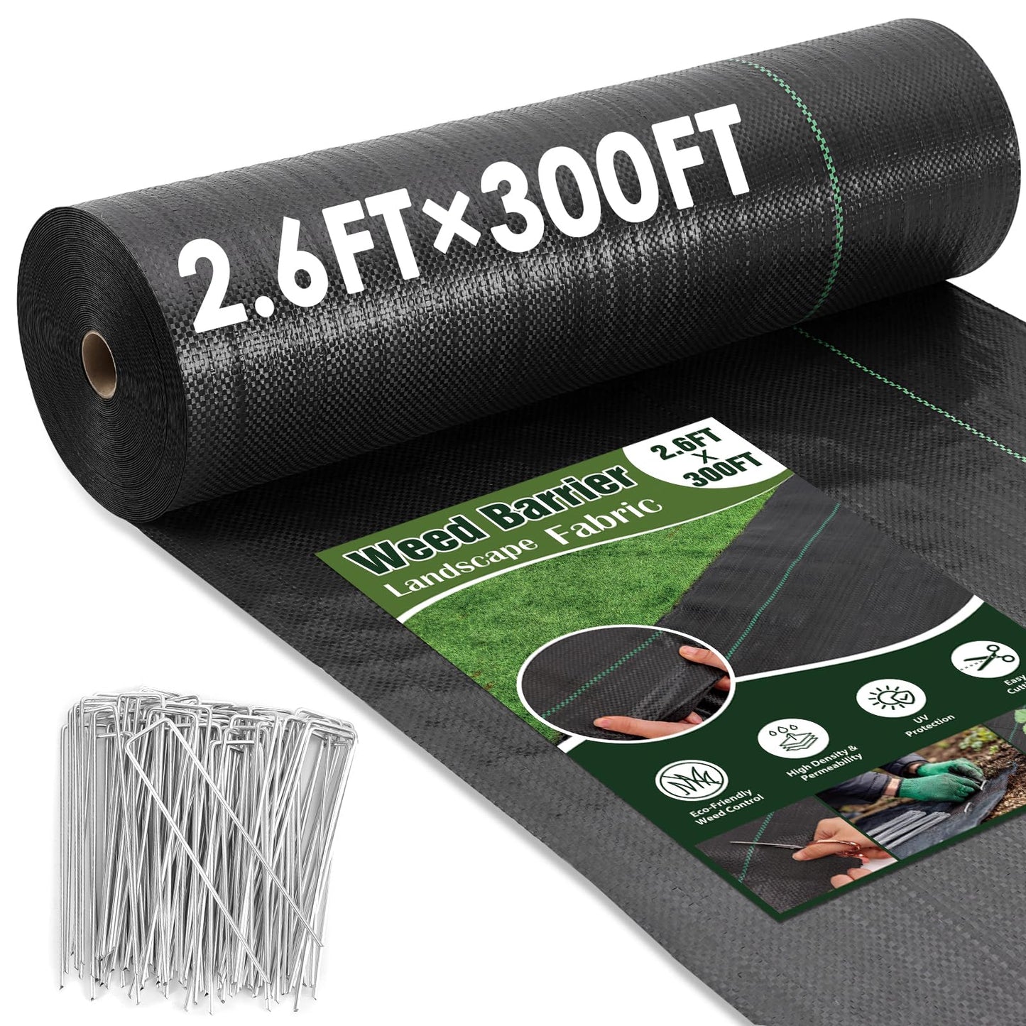 HongWay 2.6FT x 300FT Weed Barrier Fabric, Garden Cloth Woven Landscape Fabric Heavy Duty with 120 U-Shaped Securing Pegs, Lawn Weed Block Mat Ground Cover for Garden Beds, Farming