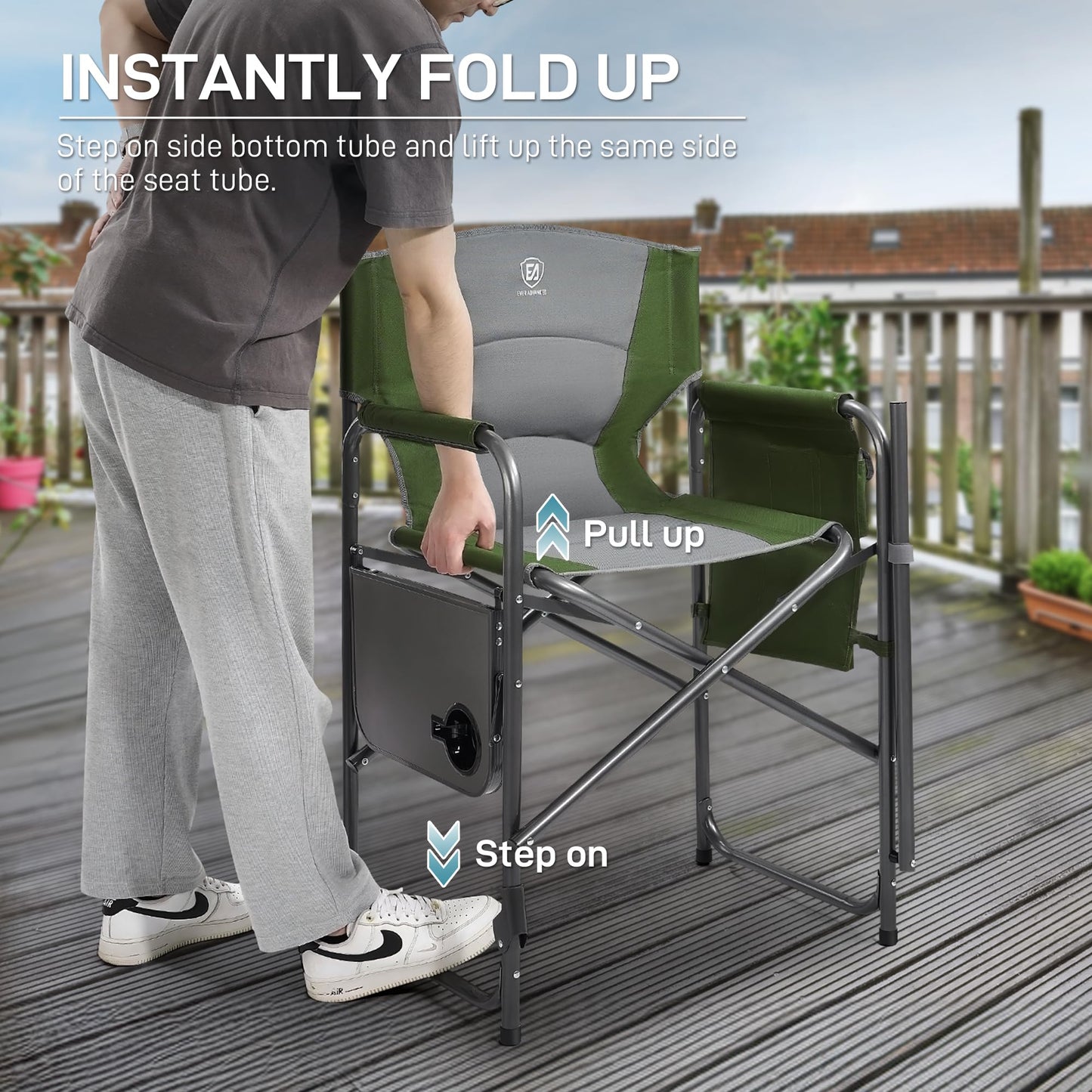 EVER ADVANCED Medium Tall Directors Chair Foldable Makeup Artist Chair Bar Height with Side Table Cup Holder and Pocket Footrest, Supports 400LBS (Green, Seat Height: 23.2 inches)