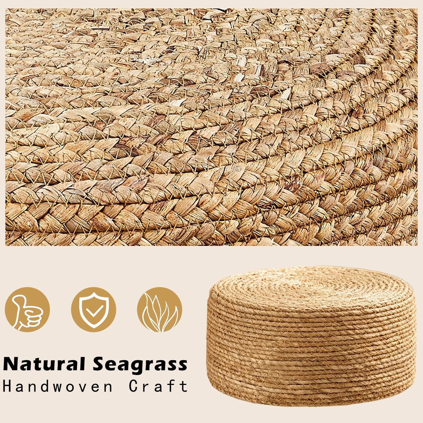 Wimarsbon Round Foot Stool Natural Seagrass Poufs Ottoman Hand Weave Footrest Stool for Couch Desk Extra Seat Step Stool with Solid Wood Legs for Hallway Patio Lounge Natural