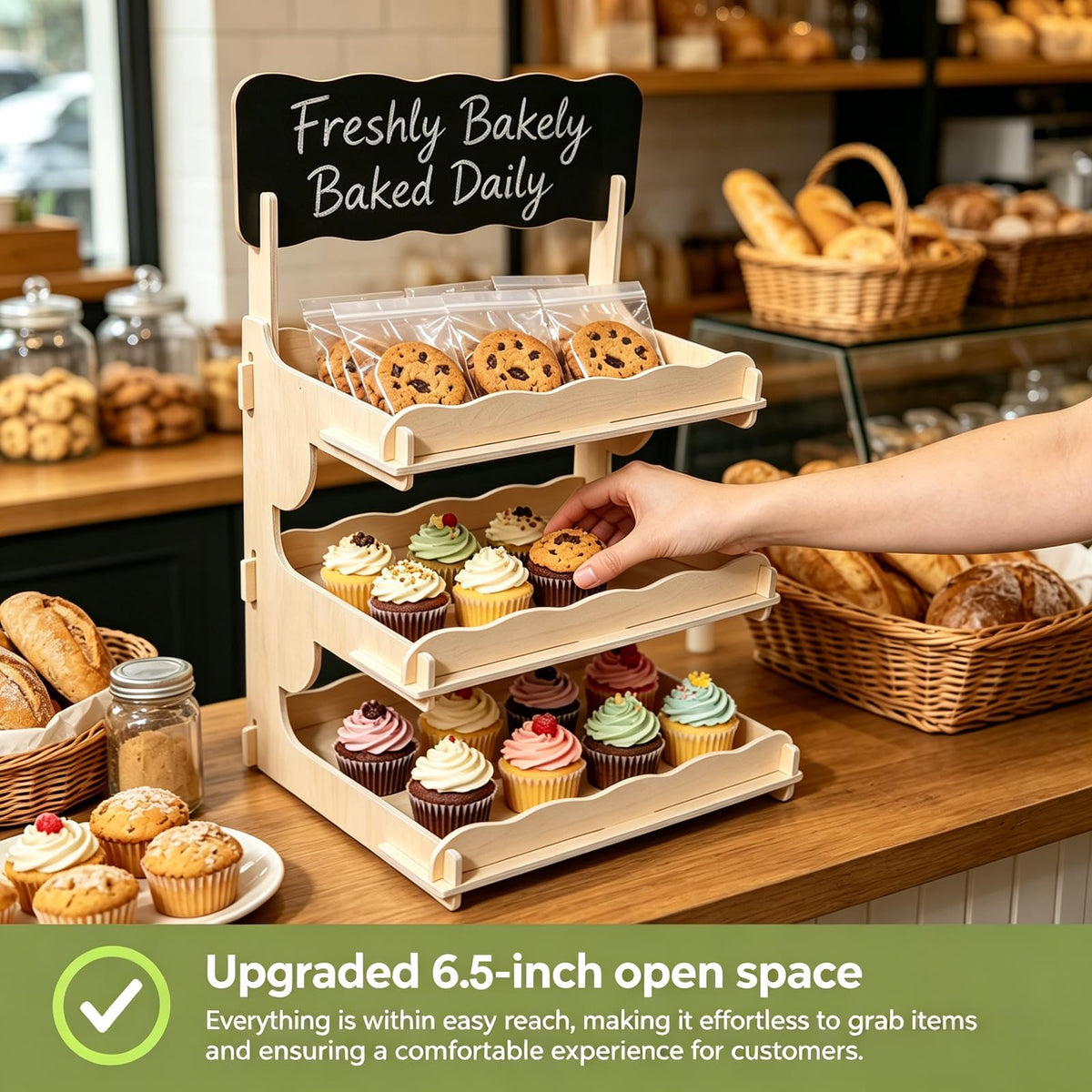 3-Tier Cookie Display Stand with Extra Tall 6.5” Between Tiers – Wooden Cookie Stand with Chalkboard Sign for Vendors, Bakers, Market & Craft Fairs – Holds More Cookies, Cupcakes, Muffins, Pastries