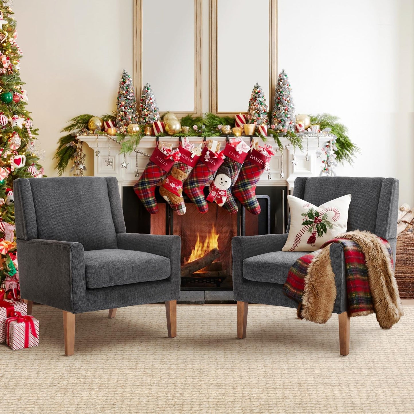COLAMY Modern Wingback Living Room Chair Set of 2, Upholstered Fabric Accent Armchair, Single Sofa Chair with Lounge Seat and Wood Legs for Bedroom/Office/Reading Spaces, Gery