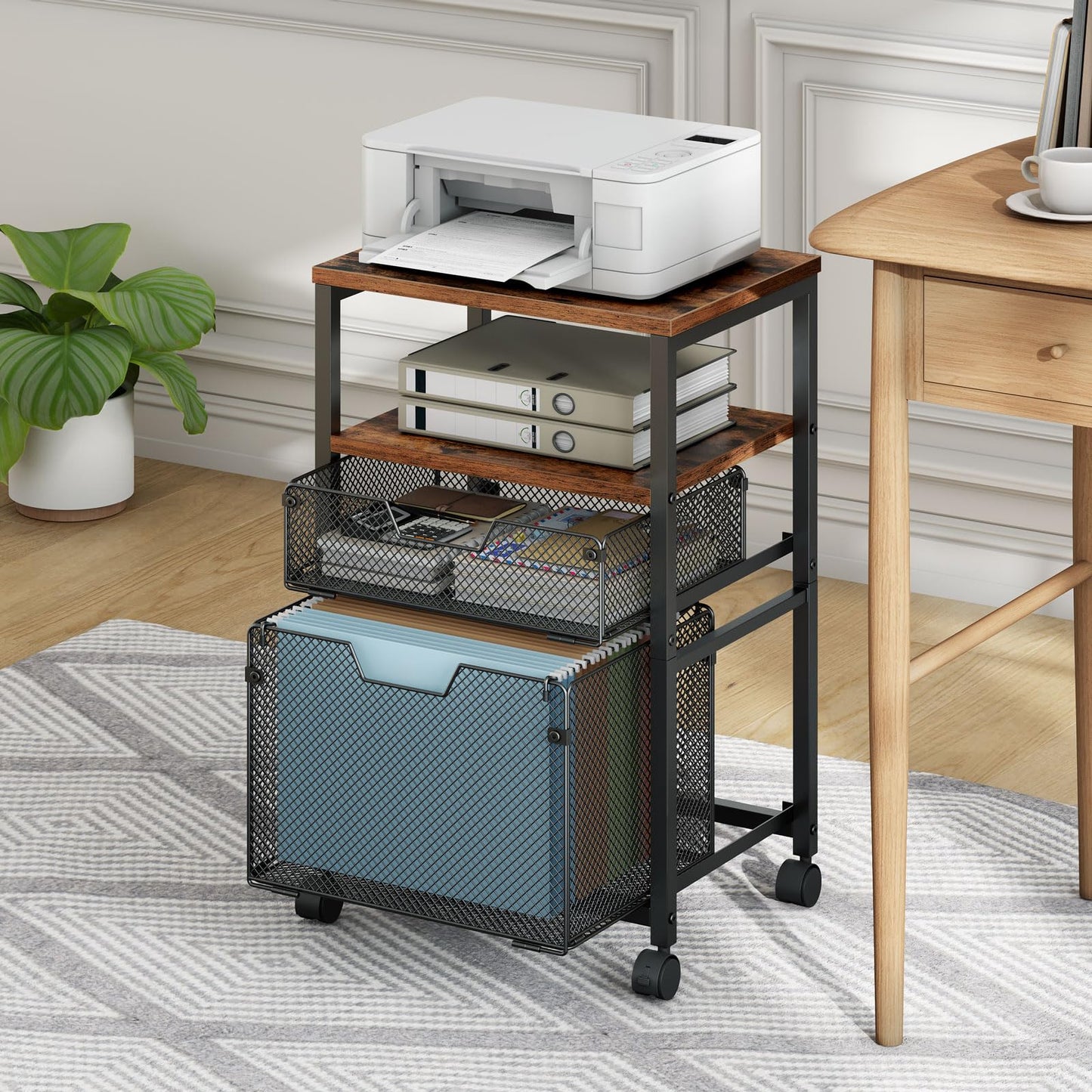 HOOBRO Rolling File Cart with 2 Storage Drawers, Under Desk Mobile Filing Cabinet on Wheels for Home Office, Hanging Folder Holder Utility Cart Printer Stand, Rustic Brown BF39WJ01