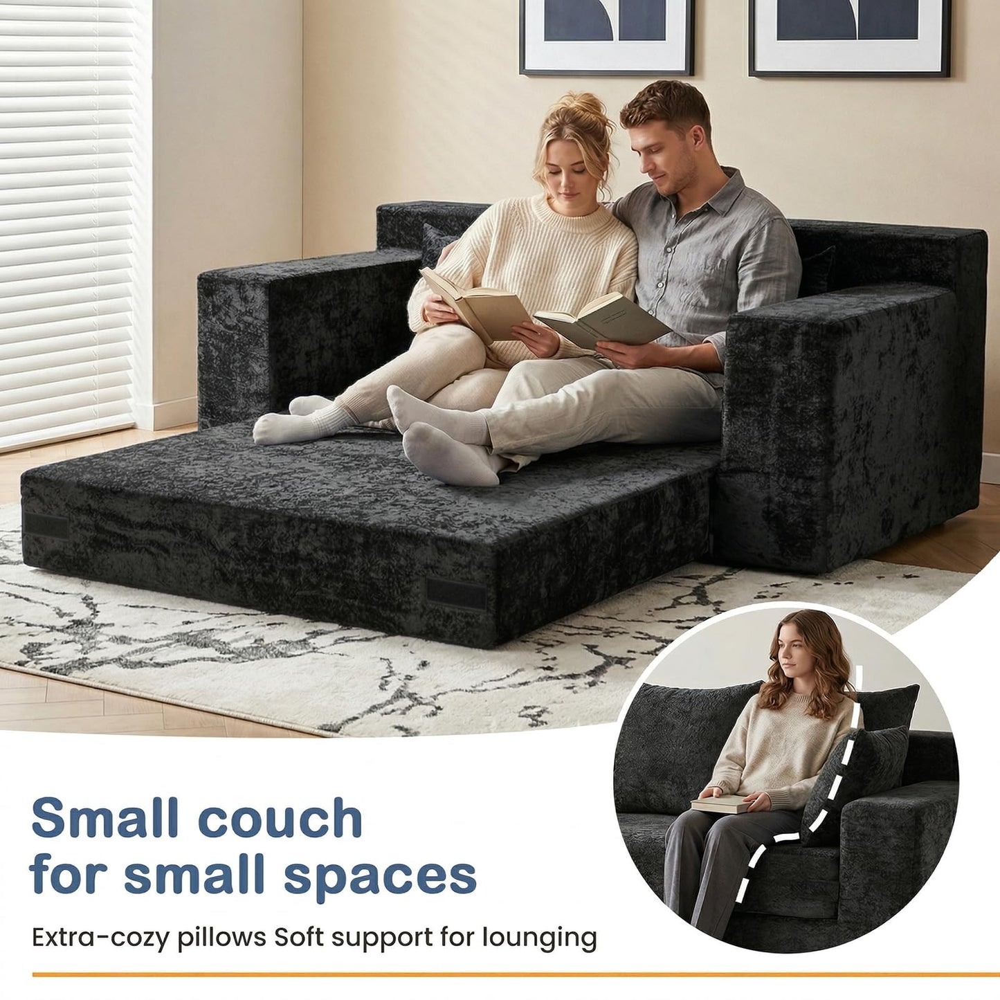 Winzoo Boneless Loveseat Sleeper Sofa Bed, 3-in-1 Convertible Sofa Bed and Floor Futon Couch (Velvet-Black, Loveseat (55"))