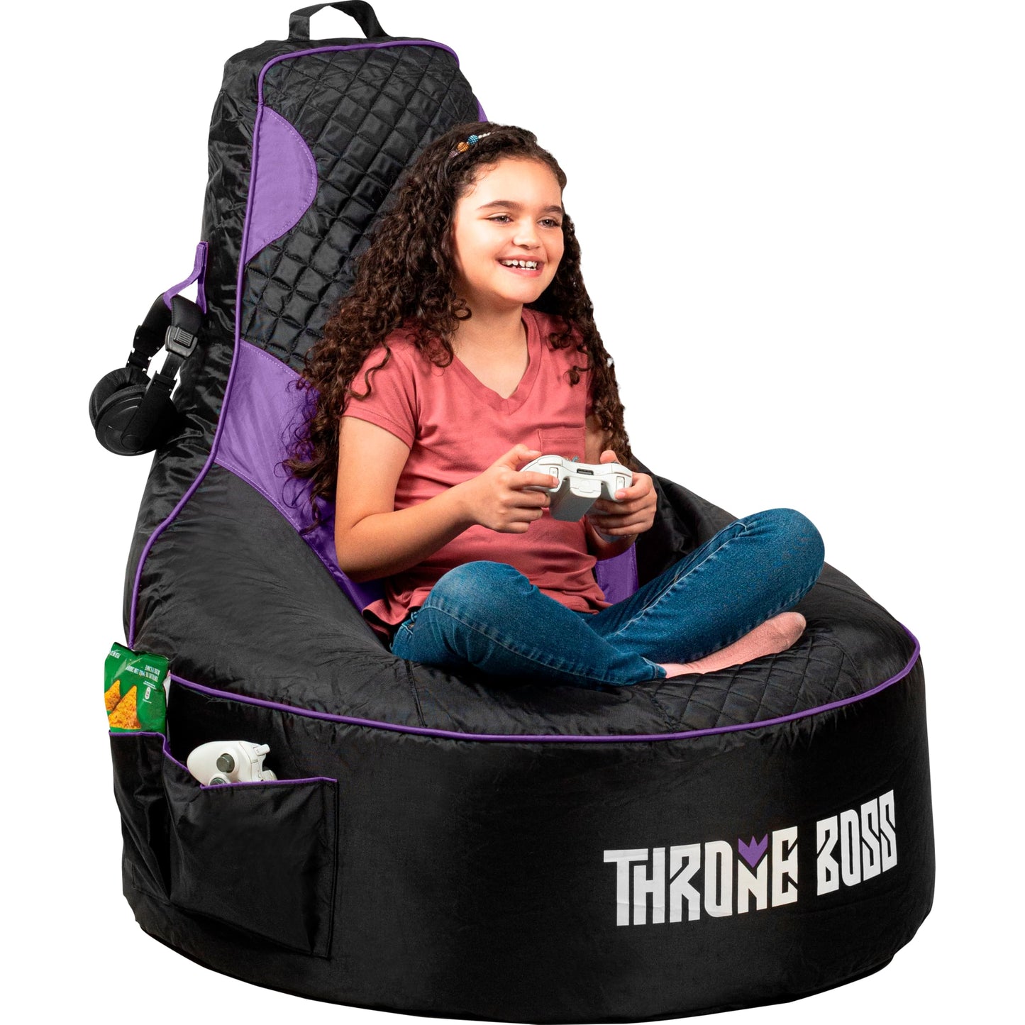 Throne Boss Gaming Bean Bag Chair Cover for Kids with High Back, Purple –Gamer chair for kids with 2 x Large Side Pockets, Headphone Hanger, Easy to Clean Fabric, requires 200 Liters Polystyrene Beans
