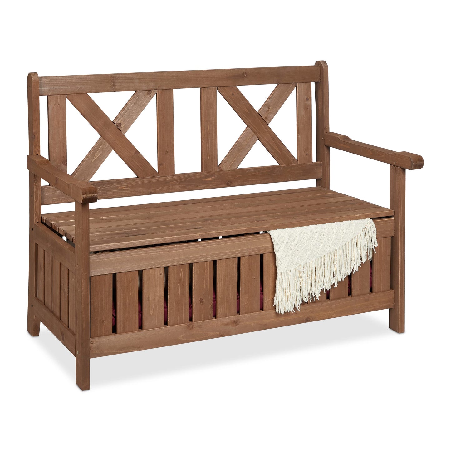 Relaxdays Garden Bench, Outdoor Bench with Storage Space, 2-Seater, HBT 85 x 115 x 60 cm, Seat Chest with Backrest, Dark Brown