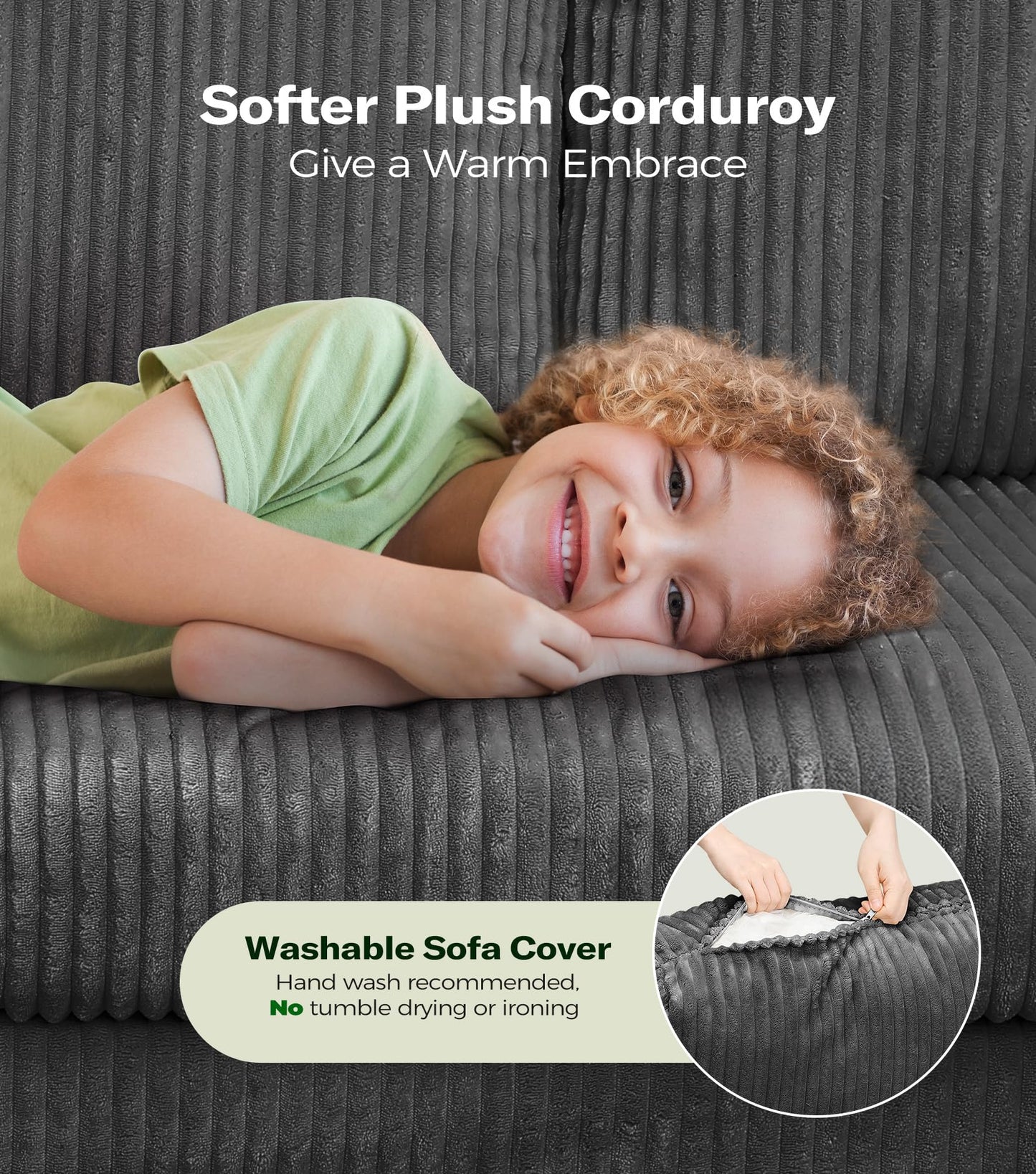 Welzona Plush Corduroy Couch, 101" Comfy Couches for Living Room, Tool-Free Setup Sofas for Living Room 6.3" Extra Wide Armrest, All-Wood Loveseat Sofa Couch for Bedroom/Office, 2 Pillow, Classic Grey