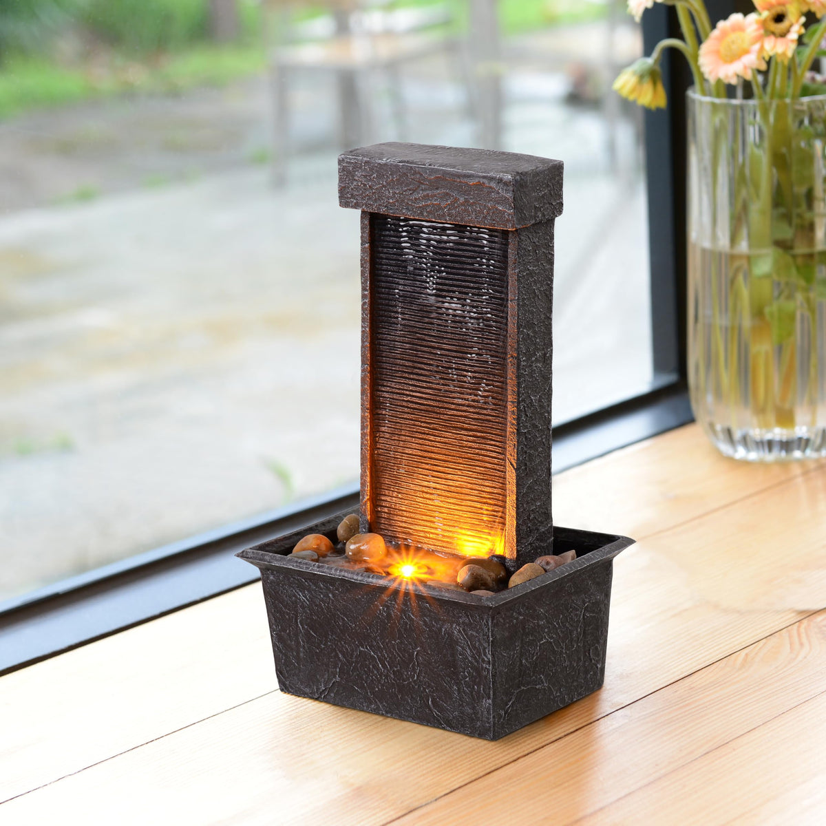 Straight Panel Tabletop Water Fountain LED-Lit – Indoor/Outdoor Decorative Waterfall Feature with Soothing Lights & Flowing Water for Home, Office, or Garden Décor