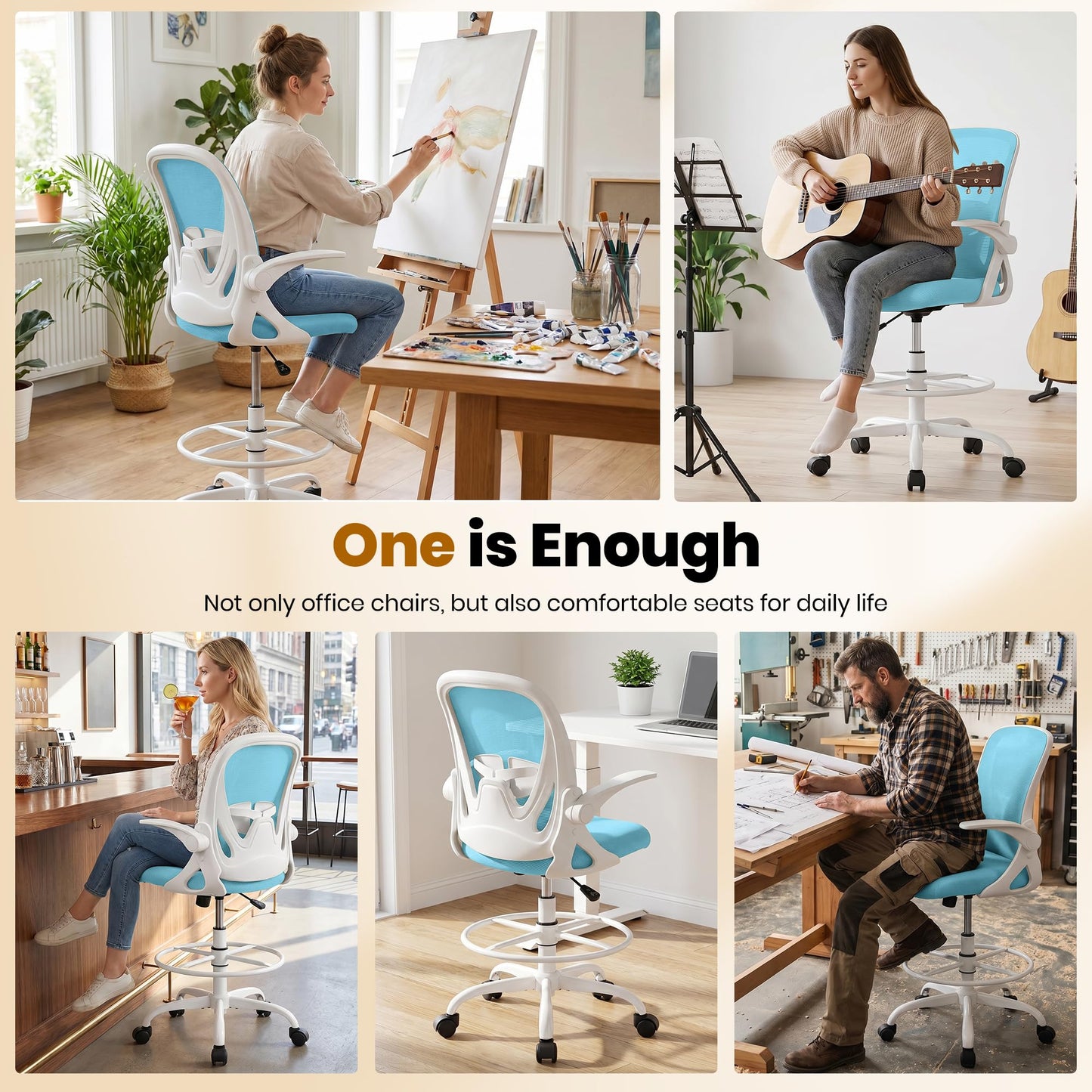 Primy Drafting Chair Tall Office Chair with Flip-up Armrests Executive Ergonomic Computer Standing Desk Chair with Lumbar Support and Adjustable Footrest Ring（Blue）