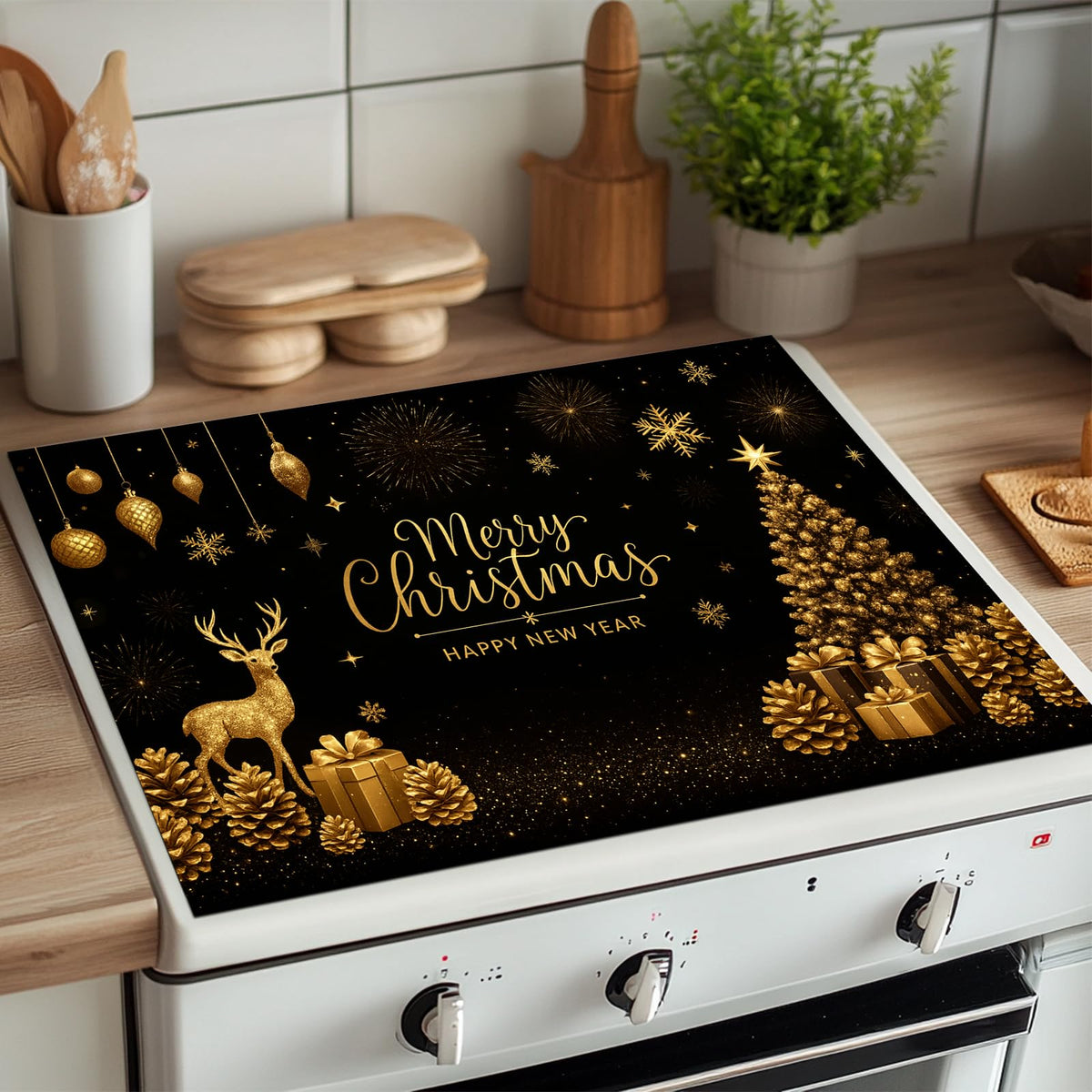 HOMETITUTE Christmas Stove Top Cover 28x20 Inch Glass Top Protector Silicone Cooktop Mat Heat Resistant Stovetop Cover Golden Deer Tree Holiday Kitchen Decoration