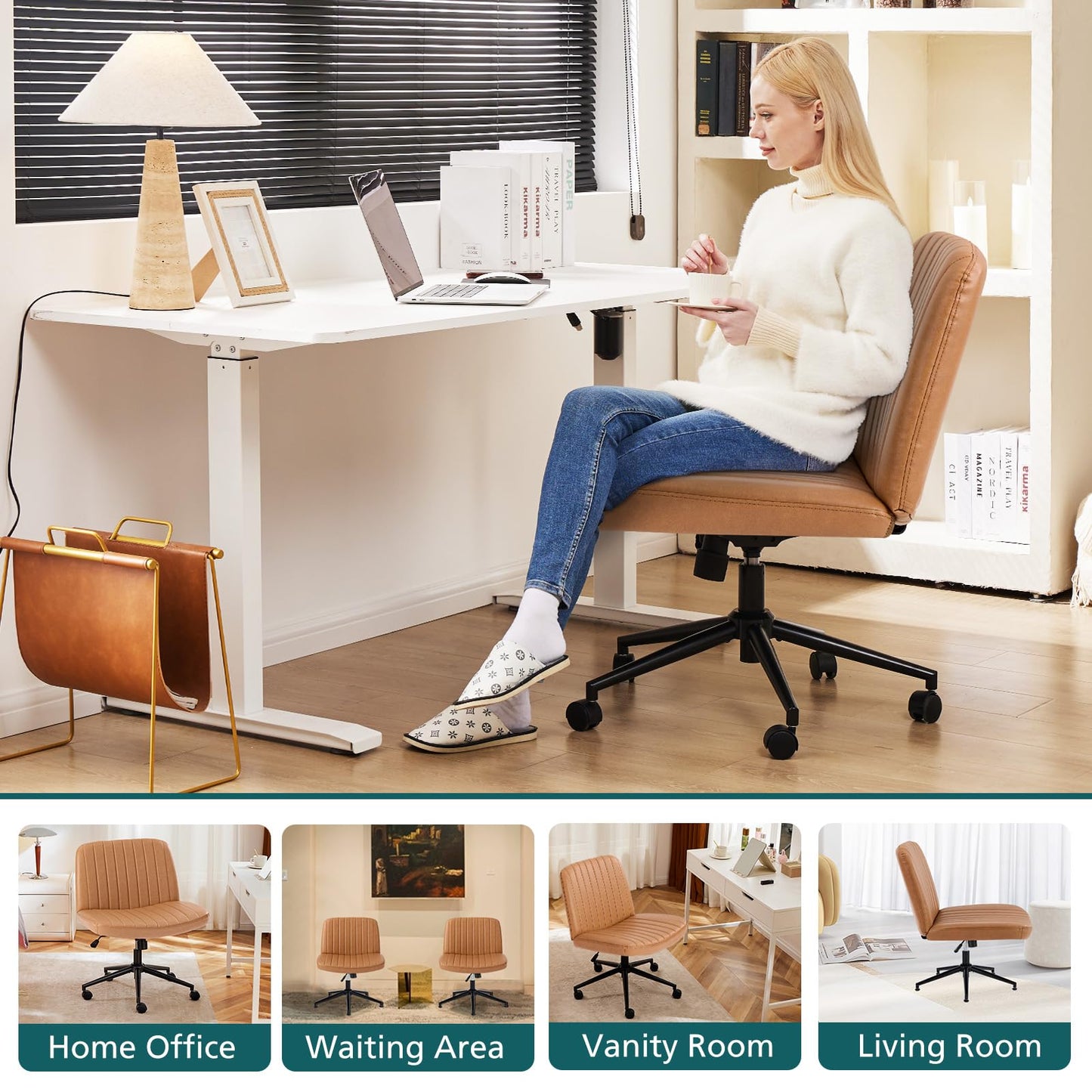 OLIXIS Criss Cross Chair with Wheels Wide Cross Legged Office Desk Vanity Chair Comfy Fabric Armless Adjustable Swivel for Home Computer Task PU Brown