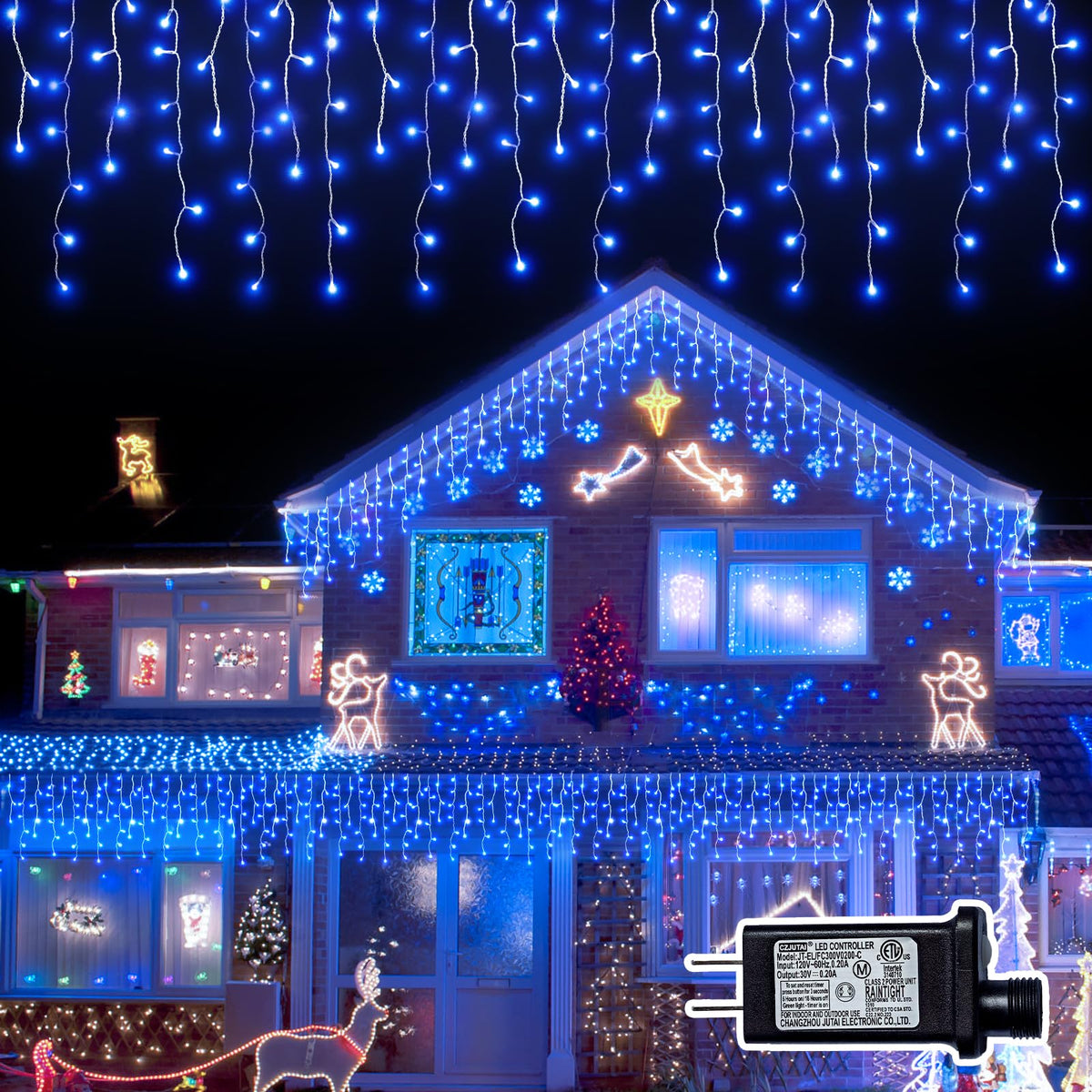 BYIZO Christmas Outdoor Icicle Lights - 200 LED 21+16 FT 8 Modes Curtain Fairy String Light Plug in, Waterproof for Eaves Yard Holiday Xmas Holiday Indoor Outdoor Decoration - Blue
