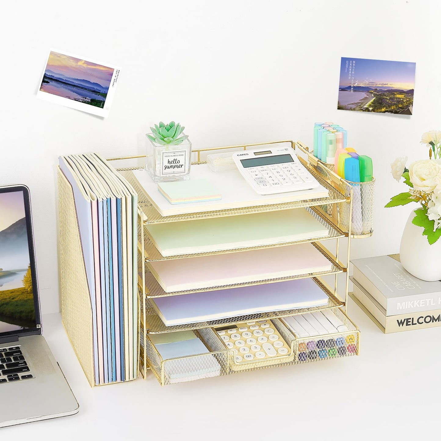 OPNICE Desk Organizer, 5-Tier Paper File Organizer with Drawer & Pen Holder, Office Desk Accessories, Workspace Desktop Organizer for Office Supplies(Gold)