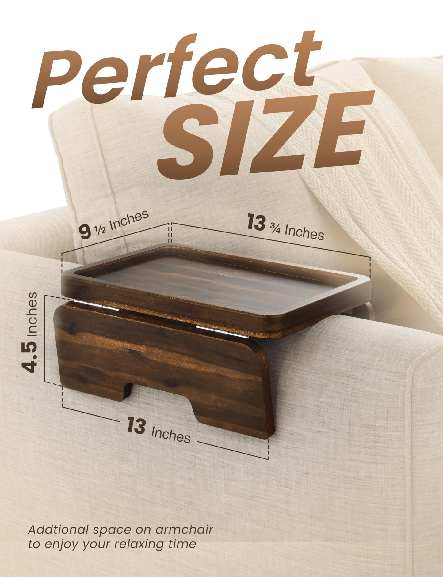 HOLANA Acacia Couch Armrest Table with 360° Rotating Phone Holder, Wooden Couch Tray – Sofa Side Table, Armchair Caddy for Home Sofa Living Room (Walnut, 13.75" D x 9.5" W x 2" H)