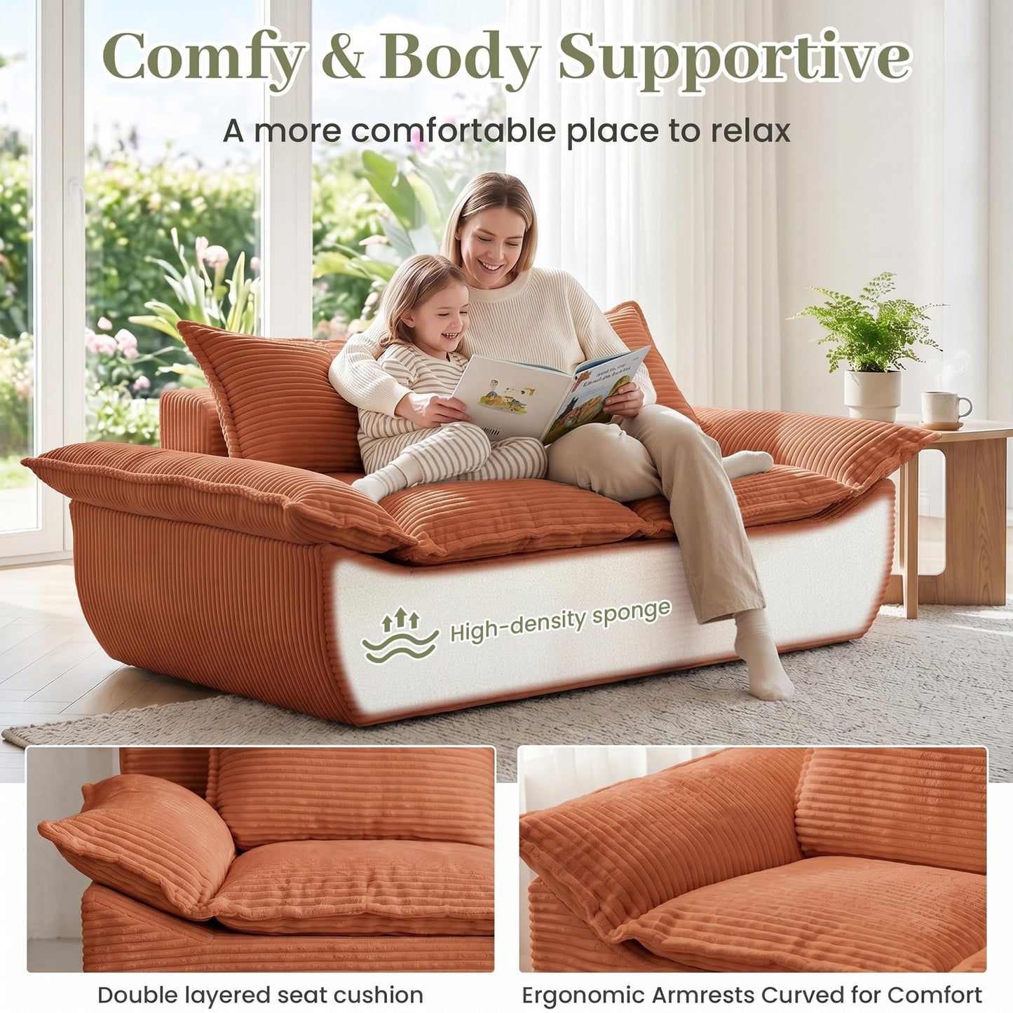 JUIKURY 55" Convertible Corduroy Sofa Bed, Boneless Foldable Loveseat Sleeper Couch, Compressed Foam Floor Sofa with Removable Cushions & Pillows for Small Space Living Room