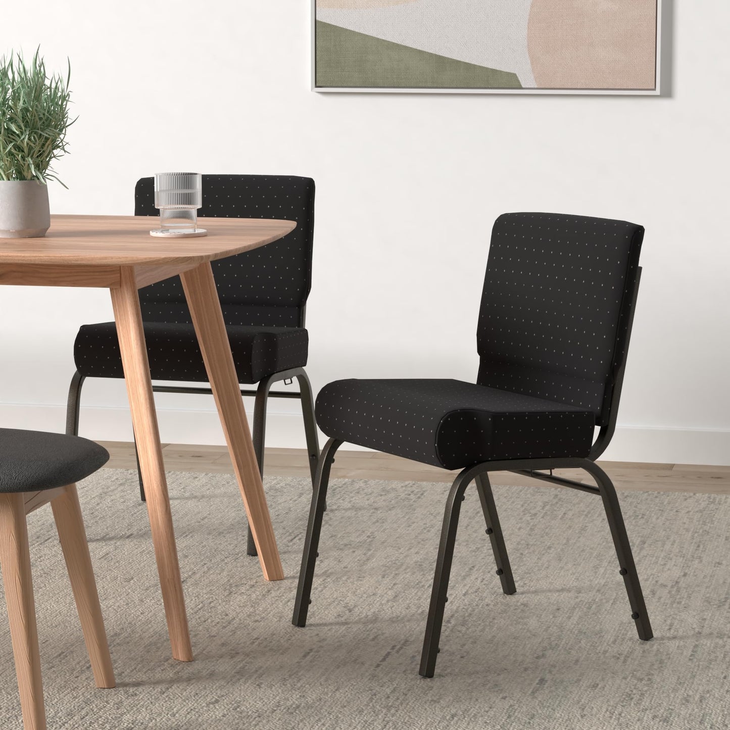 Flash Furniture 4 Pack HERCULES Series 21''W Stacking Church Chair in Black Dot Patterned Fabric - Gold Vein Frame