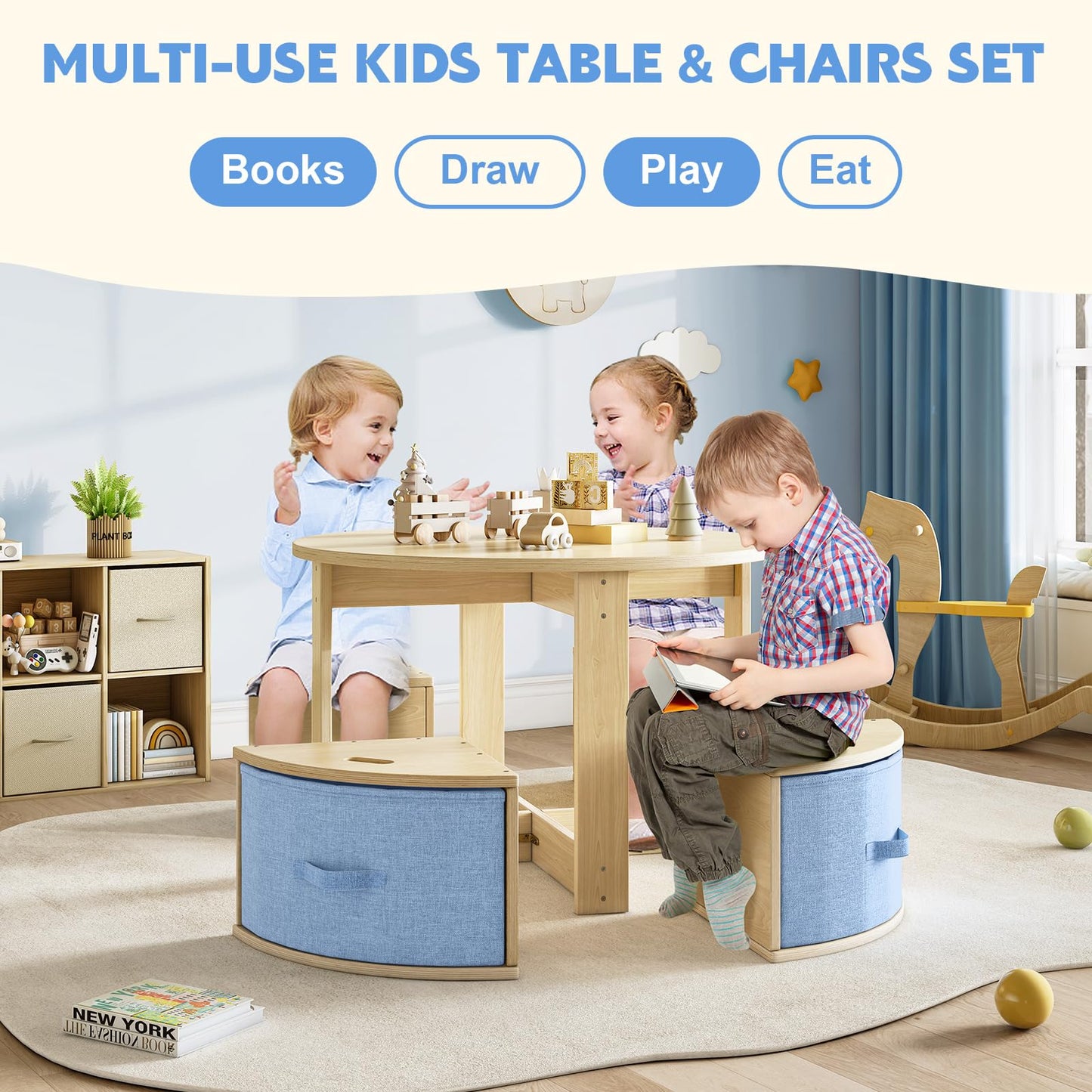EXPERLAM Round Kids Table and 4 Chairs Set, Toddler Activity Table with Storage Bins Under Each Stool, Wooden Kids Table for Play, Art, Reading and Snacks, Space-Saving Children Furniture, Burlywood