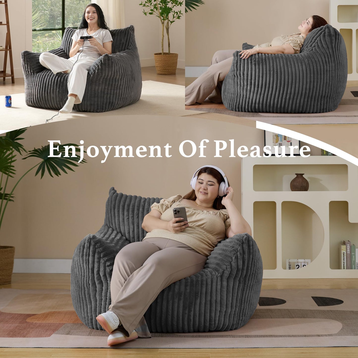 Giant Plush Bean Bag Chair for Adults with Armrests - Oversized Comfy Grey Beanbag Lounge Lazy Floor Sofa Accent Chair for Living Room, Bedroom & Dorm, Cozy Fluffy Single Cloud Mini Couch