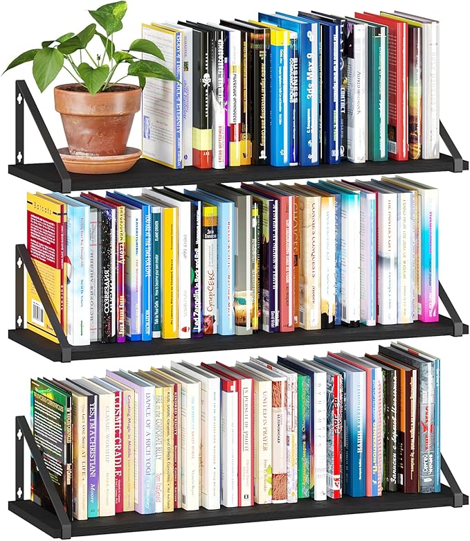 BAMEOS 24X8 Floating Shelves Rustic Wood Wall Shelf Set of 3, Bookshelf