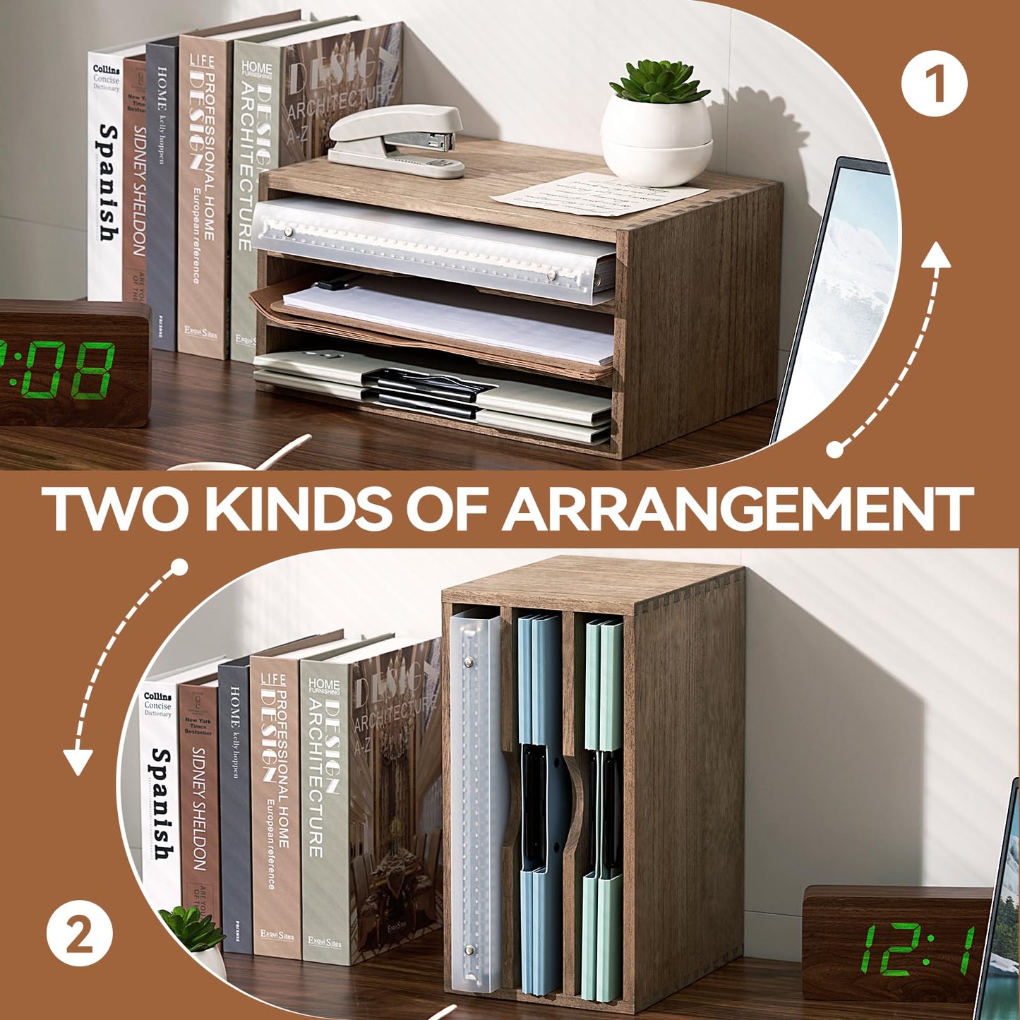 KIRIGEN Wooden Desktop Organizer, 3 Tier Solid Wood Letter Tray and Paper File Sorter for Desk, Freestanding Office Document Holder for Mail, Magazines, Folders, 13.78 x 9.45 x 7.08 in Brown 3KWJG-DBR