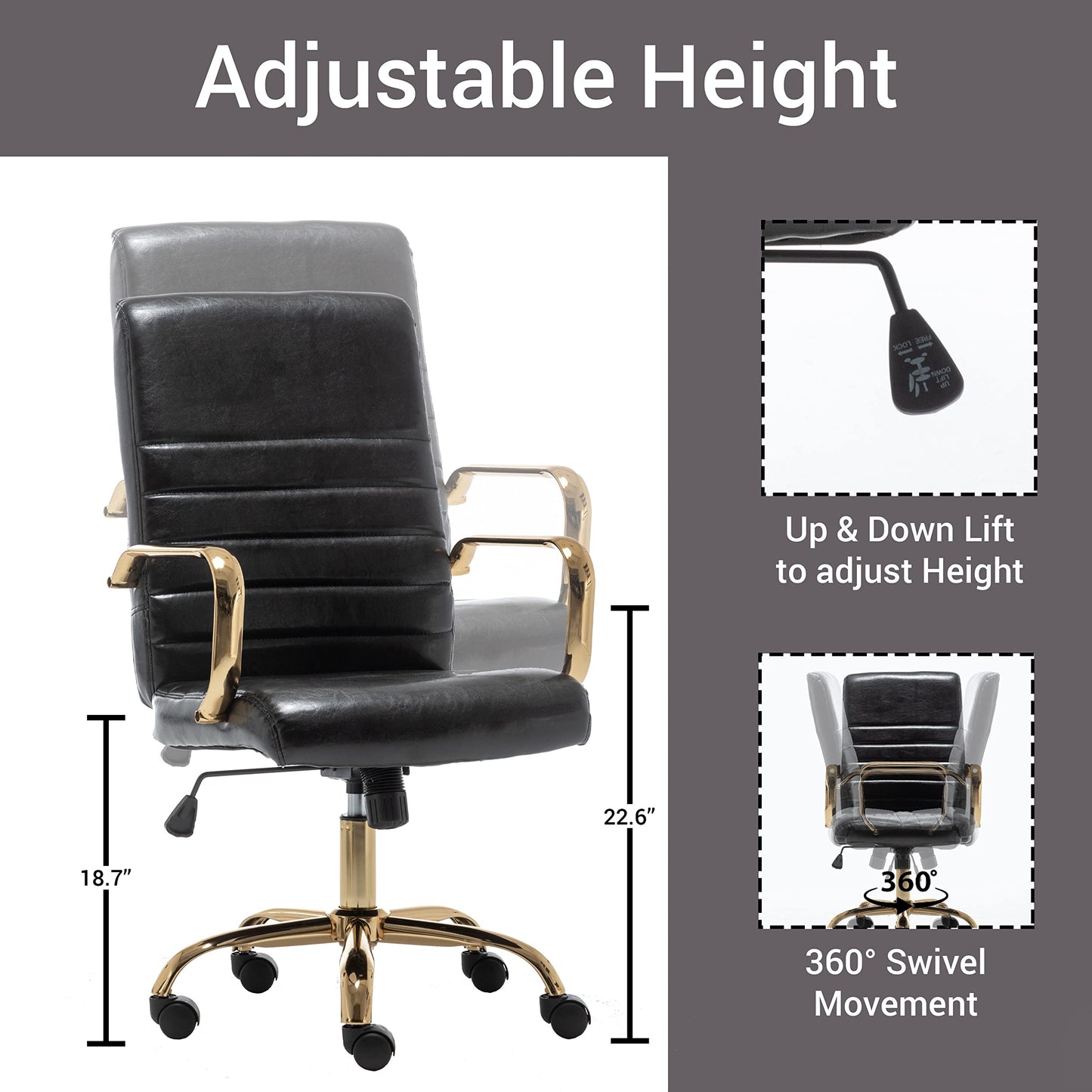 BTEXPERT Black Faux Leather Adjustable Home Office Golden Arms Exectuive High Back Manager Desk Chair, (5162BK)