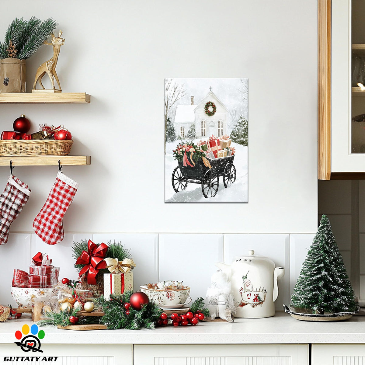 GUTTATY Christmas Canvas Wall Decor, Christmas Gift Carriage Canvas Wall Art, White Church Snowy Scene Wall Pictures, Minimalist Xmas Canvas Artworks for Living Room, Bedroom 18x24 Inch