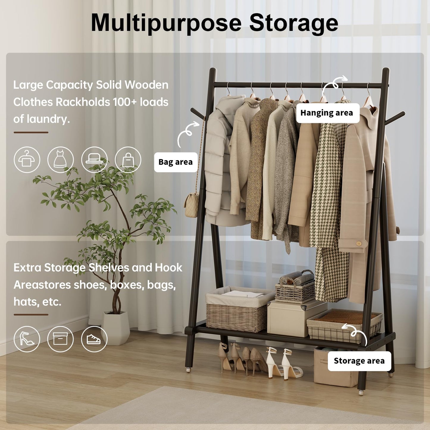 Muwuele Solid Wood Clothing Rack, Rolling Clothes Rack for Hanging Clothes, Garment Rack with Shelves Load 350 Lbs, Portable Closet Organizer on Wheels for Hanging Clothes (Black)