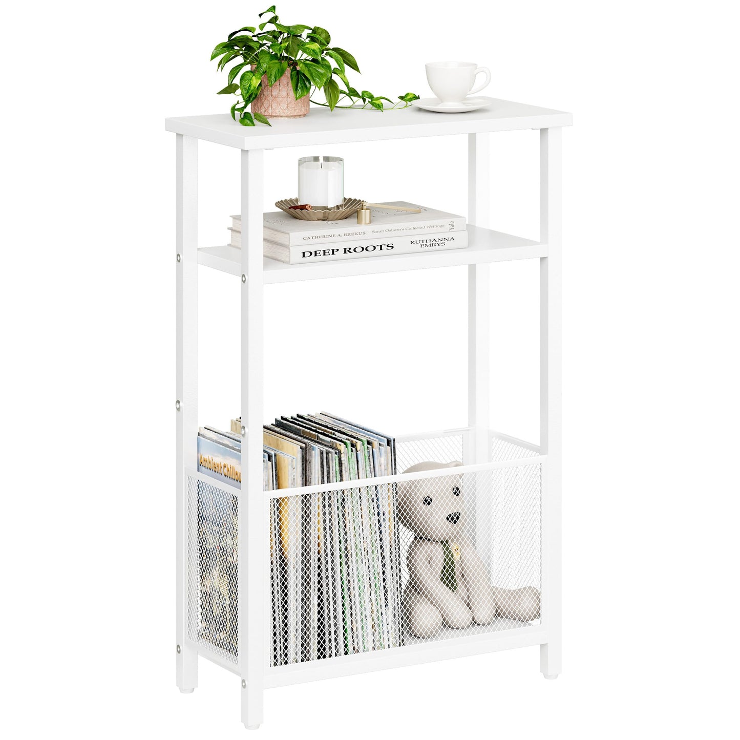 MMEOLUOOK Narrow Side Table with Storage Basket Skinny End Tables for Smalls Spaces 3 Tier Sofa Table Small Nightstand Slim Bedside Table for Living Room Bedroom White MLBZ22W