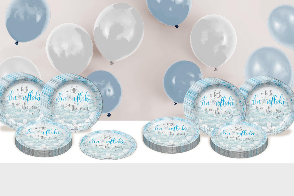 Birthday Galore A Little Snowflake is On The Way Boy's Baby Shower - 32 Piece Disposable Party Supplies - Winter Baby Shower Decorations - Round Party Plates - Large 9" Paper Plates In Bulk