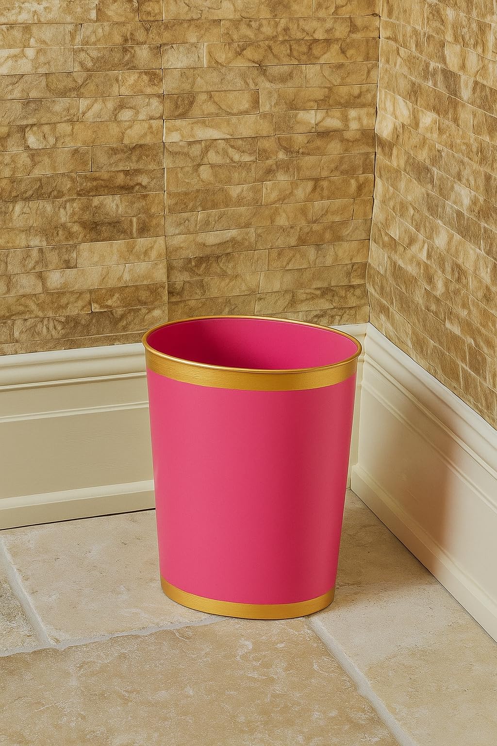 Jaye's Studio Mattie Oval Waste Basket for Bathroom Decorative, Gold Trim & Finish, Hand-Painted, Handcrafted Metal Wastebasket, Garbage Bin & Trash Bin for Bedroom, Office, 12" x 10" x 8" (Pink)
