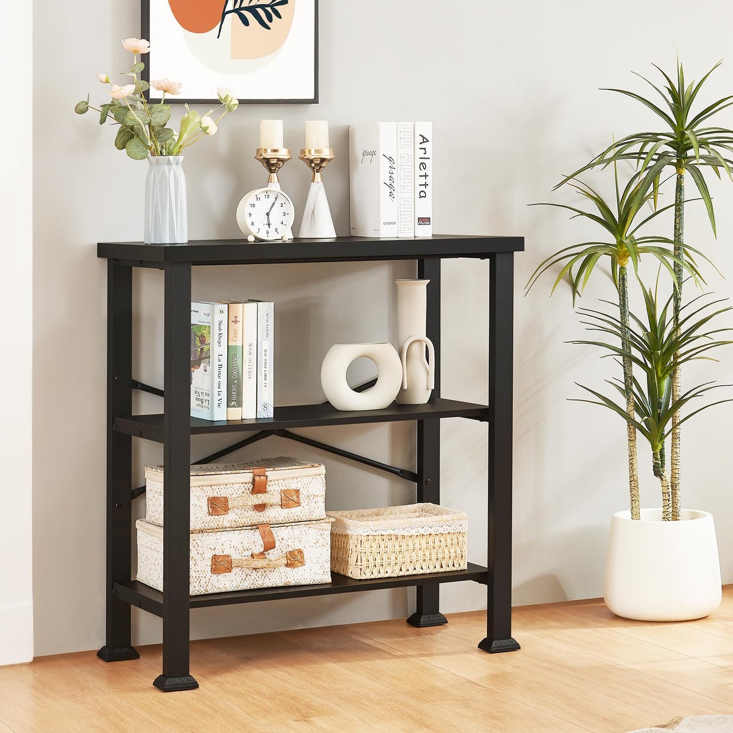 HOMBAZAAR 3 Tier Bookshelf,Black Industrial Book Shelf,Engineered Wood and Metal Small Bookcases,Low Shelf Bookcase for Living Room,Office,Bedroom and Kitchen