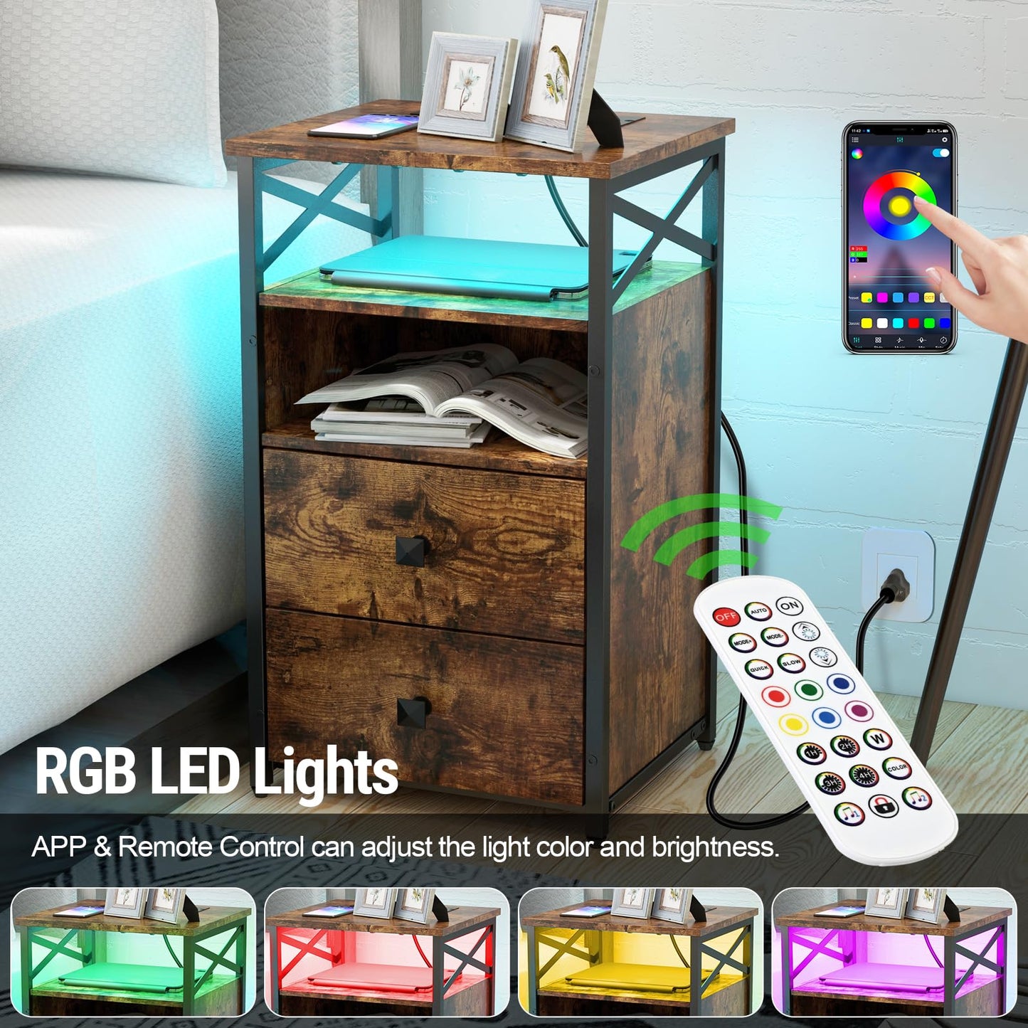 Livofloral LED Nightstand with Charging Station and Wood Drawers, Side Tables Living Room with Outlets, Farmhouse End Table with Storage, Bedside Table for Bedroom with LED Light, Brown