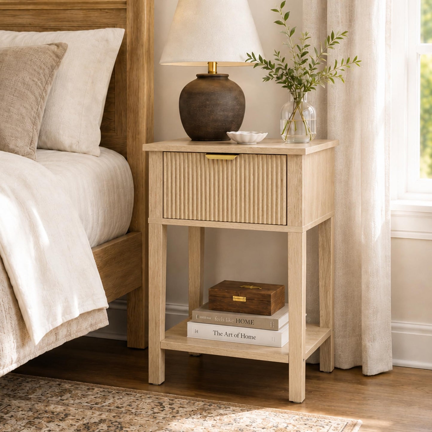 RIHHA Modern Fluted Small Wood Nightstand, 11.8" Deep x 15.4" Narrow Bedside Table with Drawer & Open Shelf, Boho Scandinavian Accent End Table for Bedroom & Sofa - Oak