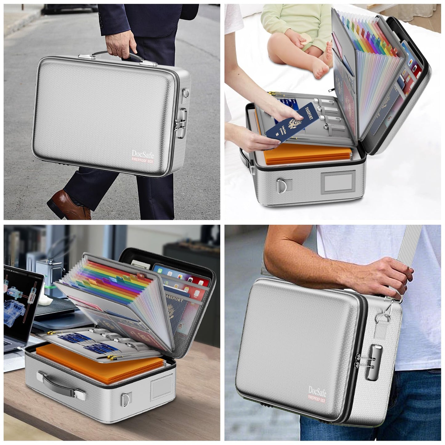DocSafe Fireproof Document Box with Lock, Hard Case File Organizer with Accordion File Folder, Fireproof Water Resistant Safe Box Home Office Travel Storage for Important Documents Laptop Silver