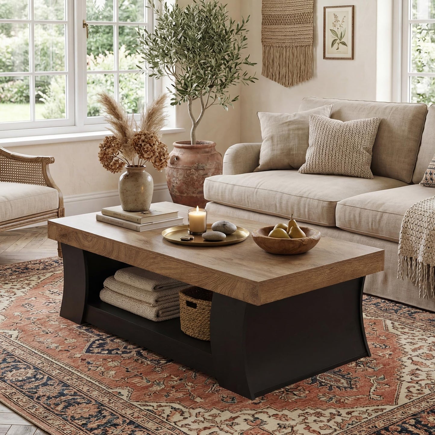 LITTLE TREE 55" Coffee Table, Living Room Table with Storage Shelf, Wooden Coffee Table, Modern Farmhouse Rectangle Center Table for Living Room, Bedroom, Office, Rustic Brown+Black