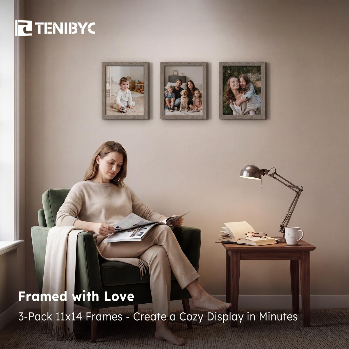 TENIBYC 11x14 Walnut Picture Frame 3 Pack with HD Glass - Natural Brown, Solid Wood Poster Frame, Wall Gallery Frame