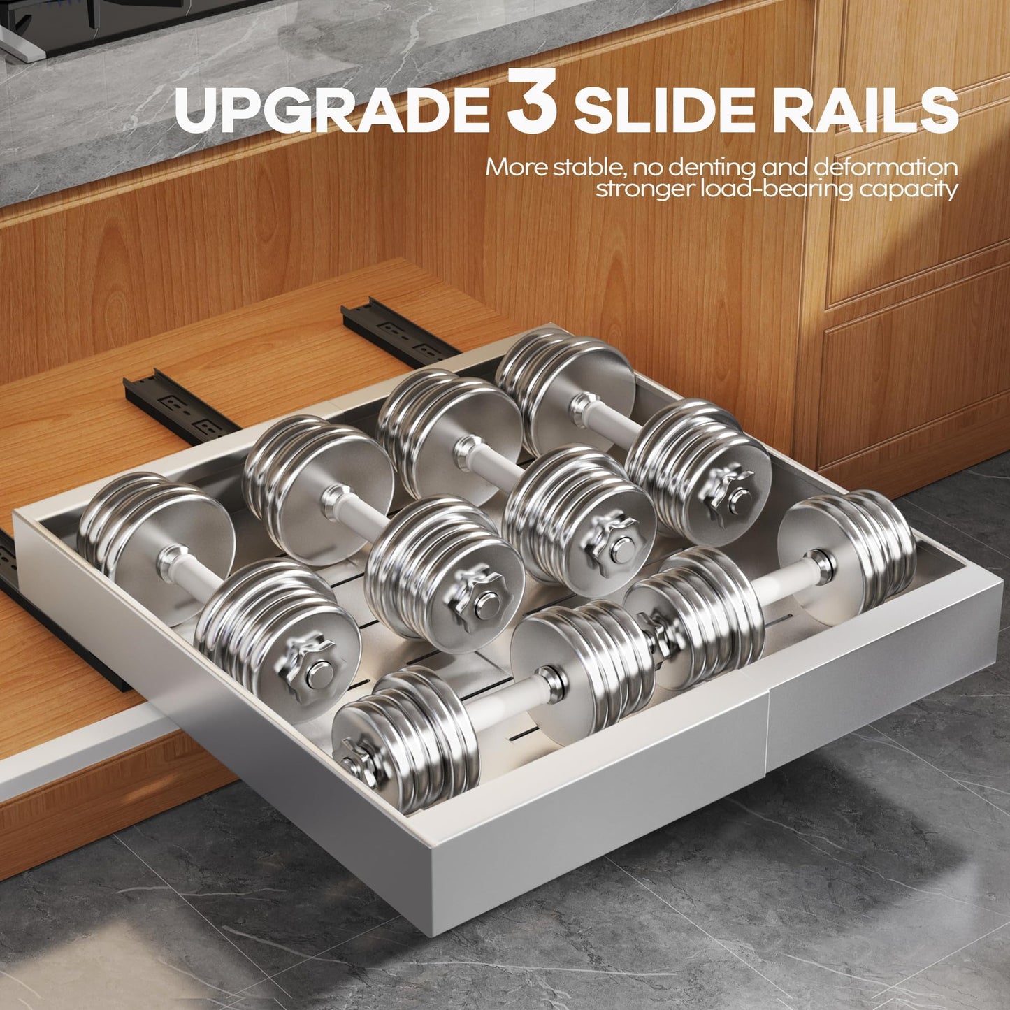 Seinloes 2Pack Expandable Pull Out Cabinet Organizer 21"Deep With Raising Pad for Framed Cabinets, Upgrade 3 Slide Rails Slide Out Drawers,Roll Out Shelves Adhesive,Adjustable Width 12.05"-20.4"Silver