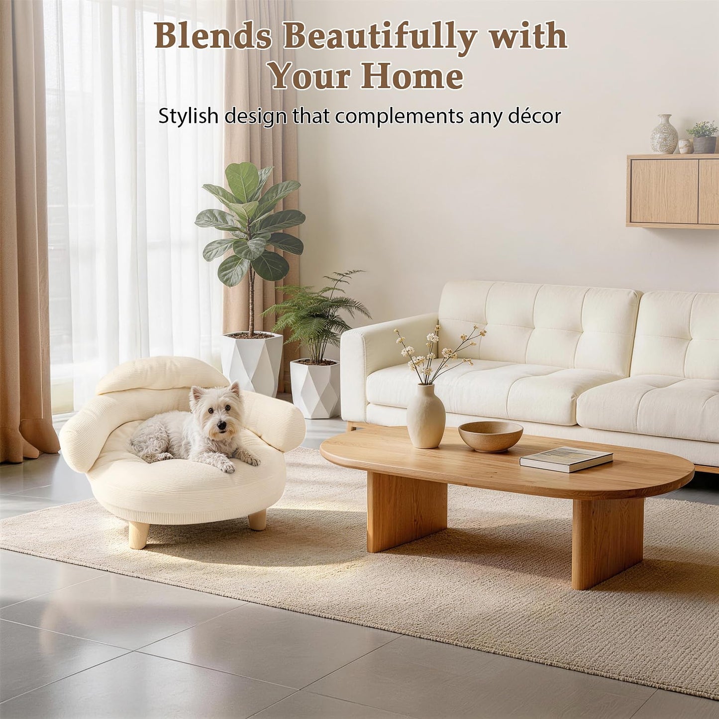 Famifit Cat Sofa Furniture-Style Pet Bed with Removable Cotton Velvet Cover, Solid Pine Wood Legs, for Cats and Small Dogs, White