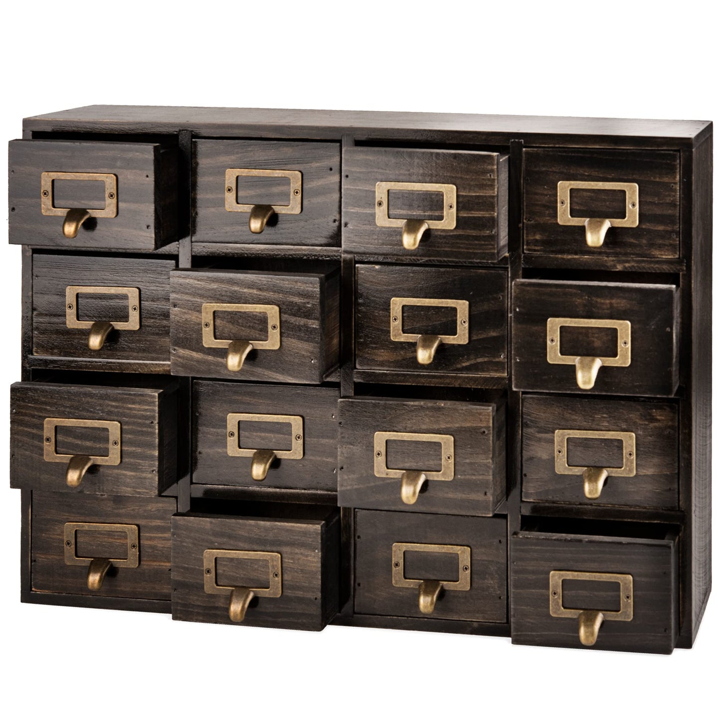 Dark Ash 16-Drawer Card Catalog Artisan Drawer Chest - 20"x3.6"x14" - Desktop Apothecary Crafted in Solid Wood, Curating Timeless Order - A 4-Tiered Storage with Label Holders & Handles for Your Table