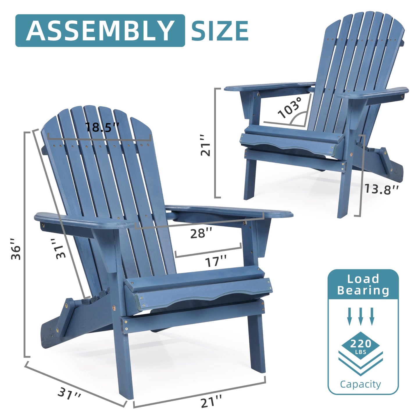 Wooden Folding Adirondack Chair Set of 2, Half Pre-Assembled Wood Lounge Chair for Outdoor Patio Garden Lawn Backyard Deck Pool Beach Firepit