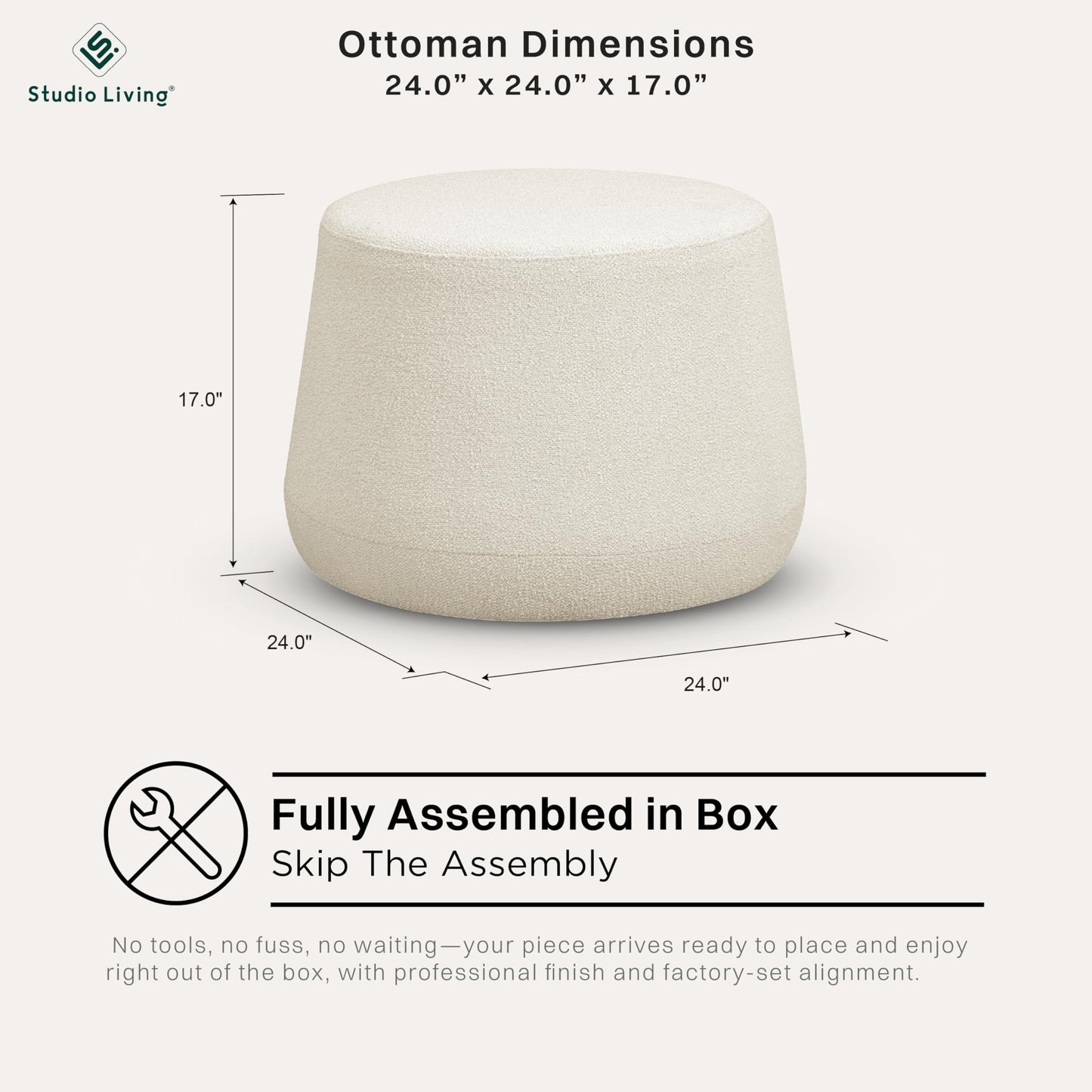 Lifestyle Solutions 24” Waverly Ottoman Round Elegant Boucle Fabric, Stationary Ottomans, Backless Chair, Footrest for Living Room, Footstool Office, Bedroom, Padded Seat, Snow White Ivory