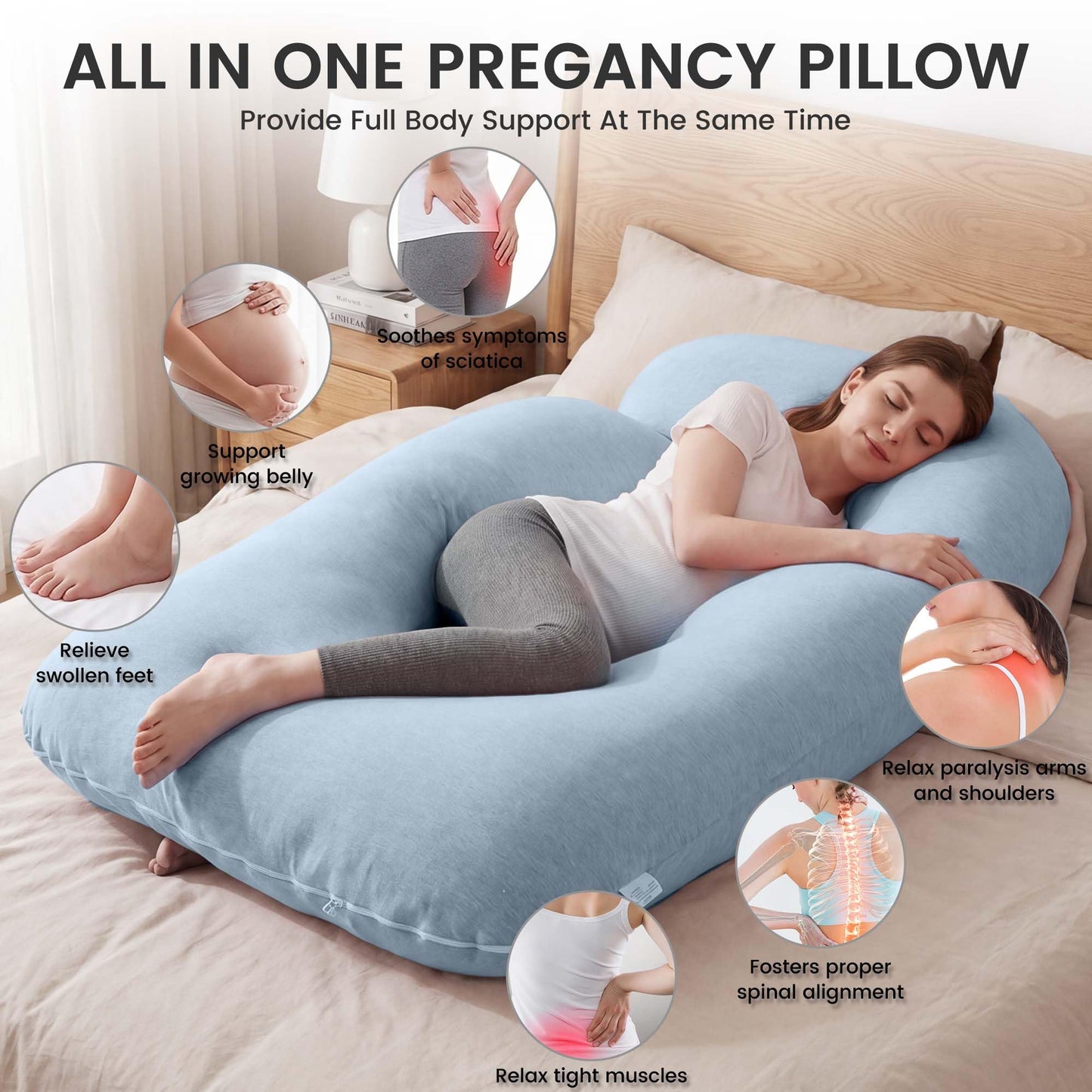 Jcickt Pregnancy Pillow for Sleeping,59 inch Maternity Pillow with Removable Washable Cover,J-Shaped Cooling Full Body Pregnant Pillow -Support for Backs,Legs, Belly, HIPS, Improve Sleep-Sky Blue