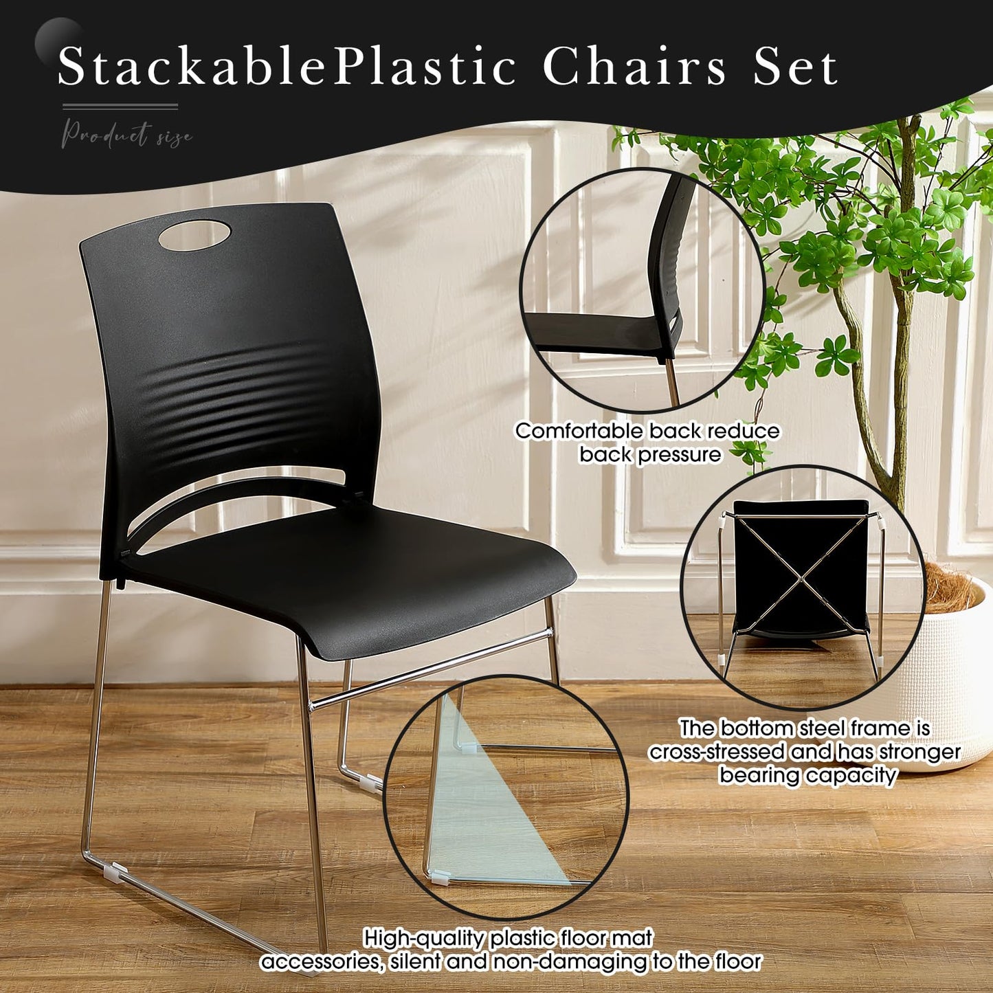 Suzile 4 Pack Stackable Waiting Room Chairs Stacking Church Guest Plastic Chairs with Sled Base for Conference Room Office Reception Dining Table Lobby Hospital Wedding Hotel (Black)